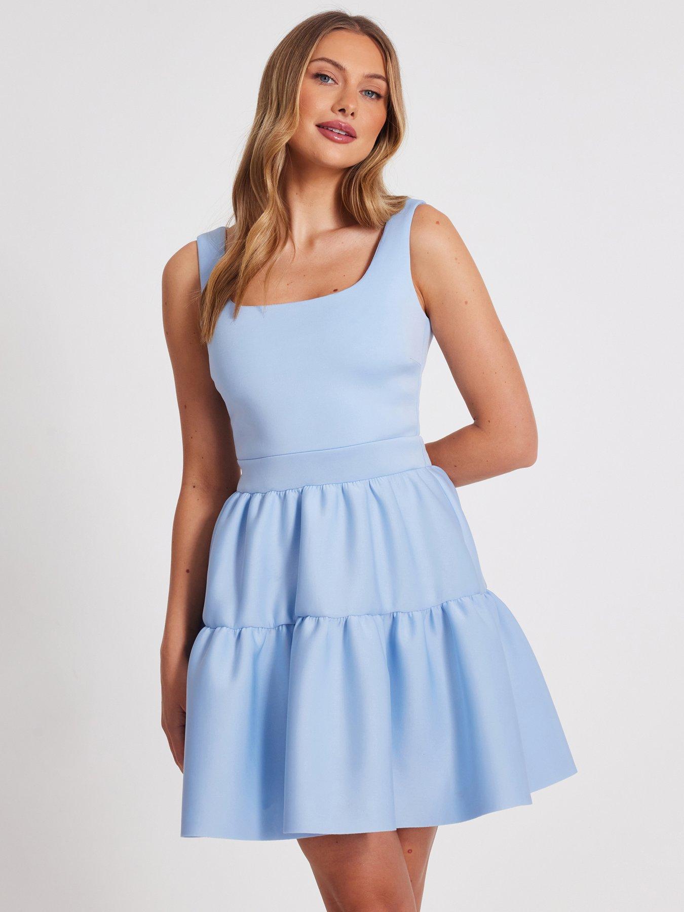 quiz-light-blue-tiered-skater-mini-dress
