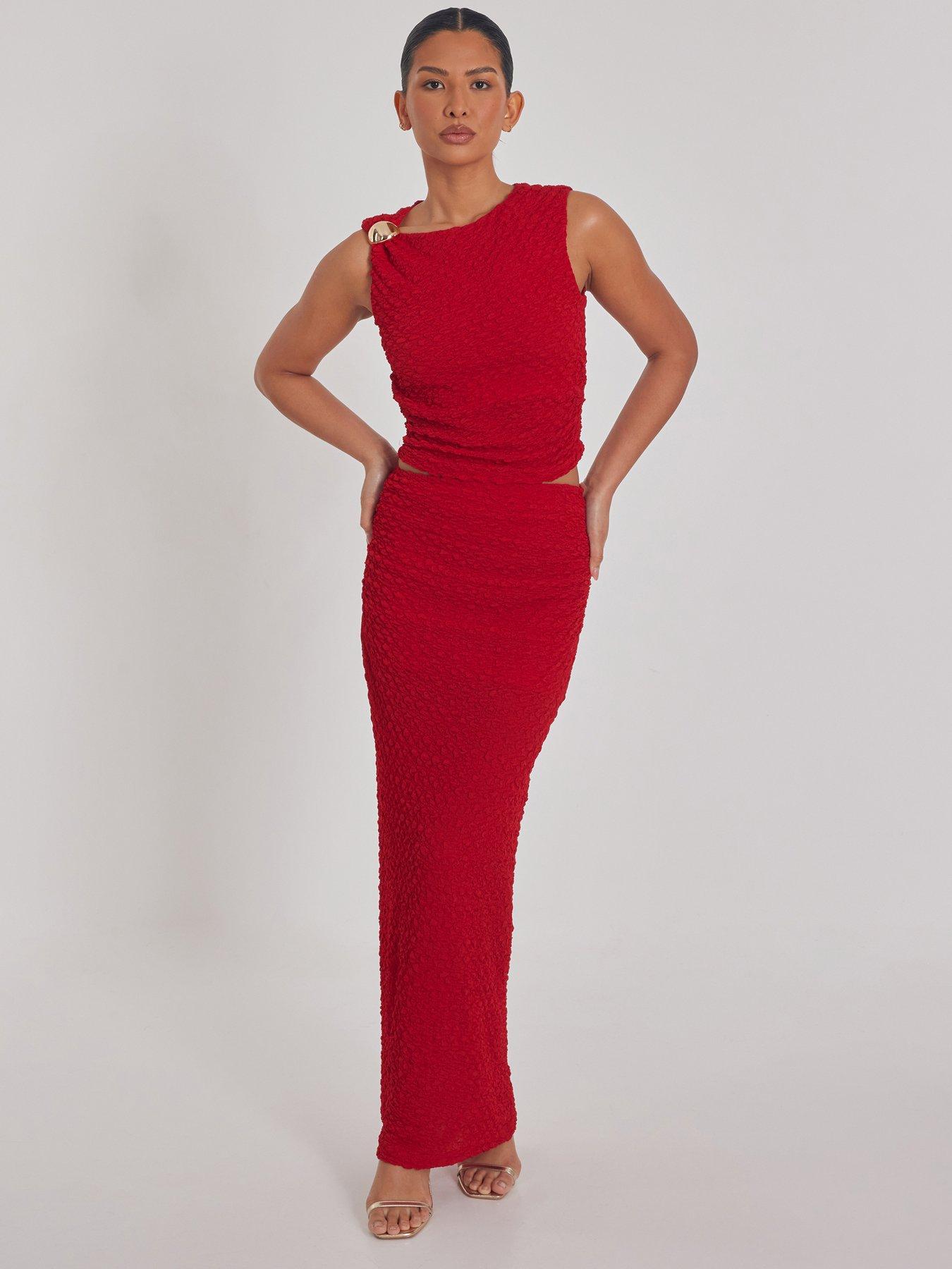 quiz-red-textured-maxi-skirt