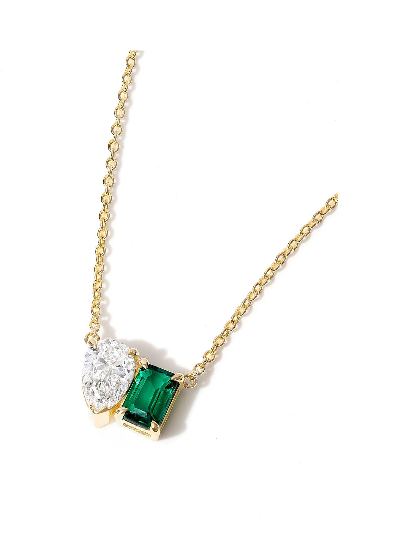 undefined Elise 9ct Yellow Gold 0.75ct Lab Grown Diamond and Created Emerald Toi et Moi Necklace 18+2 Inches