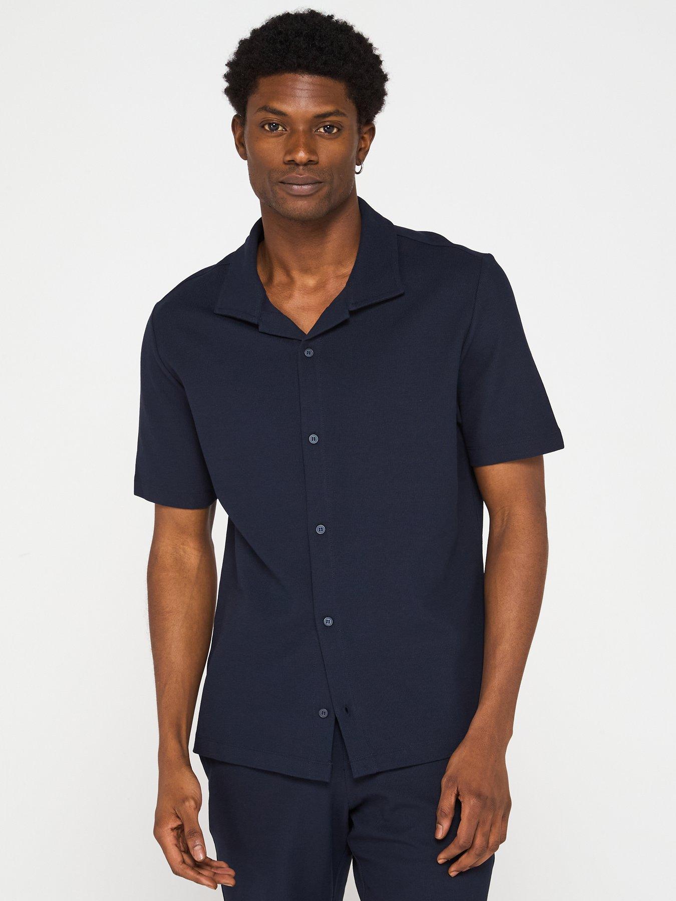 front image of mango-perec-casual-textured-button-through-jersey-shirt-navy