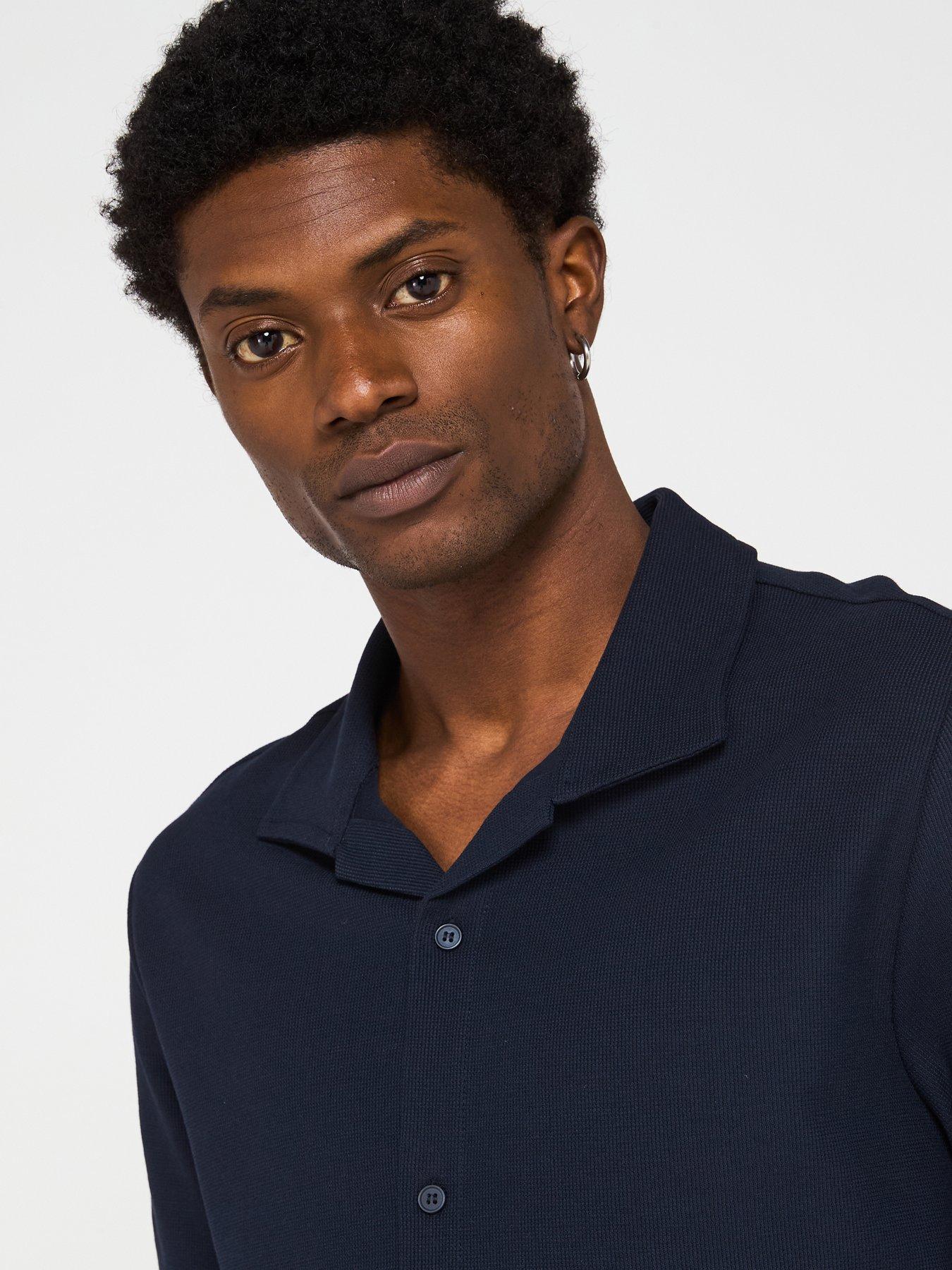  image of mango-perec-casual-textured-button-through-jersey-shirt-navy