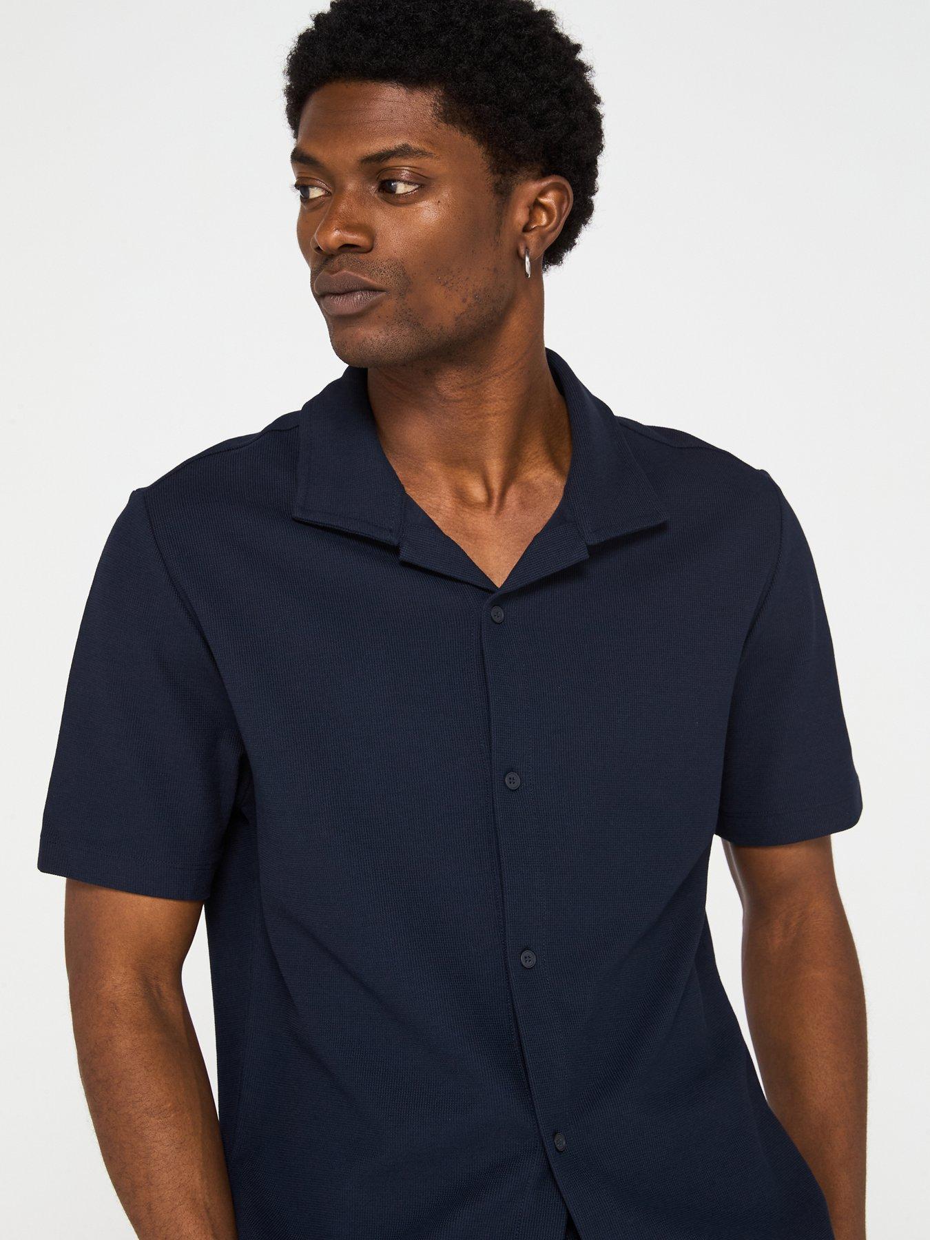  image of mango-perec-casual-textured-button-through-jersey-shirt-navy