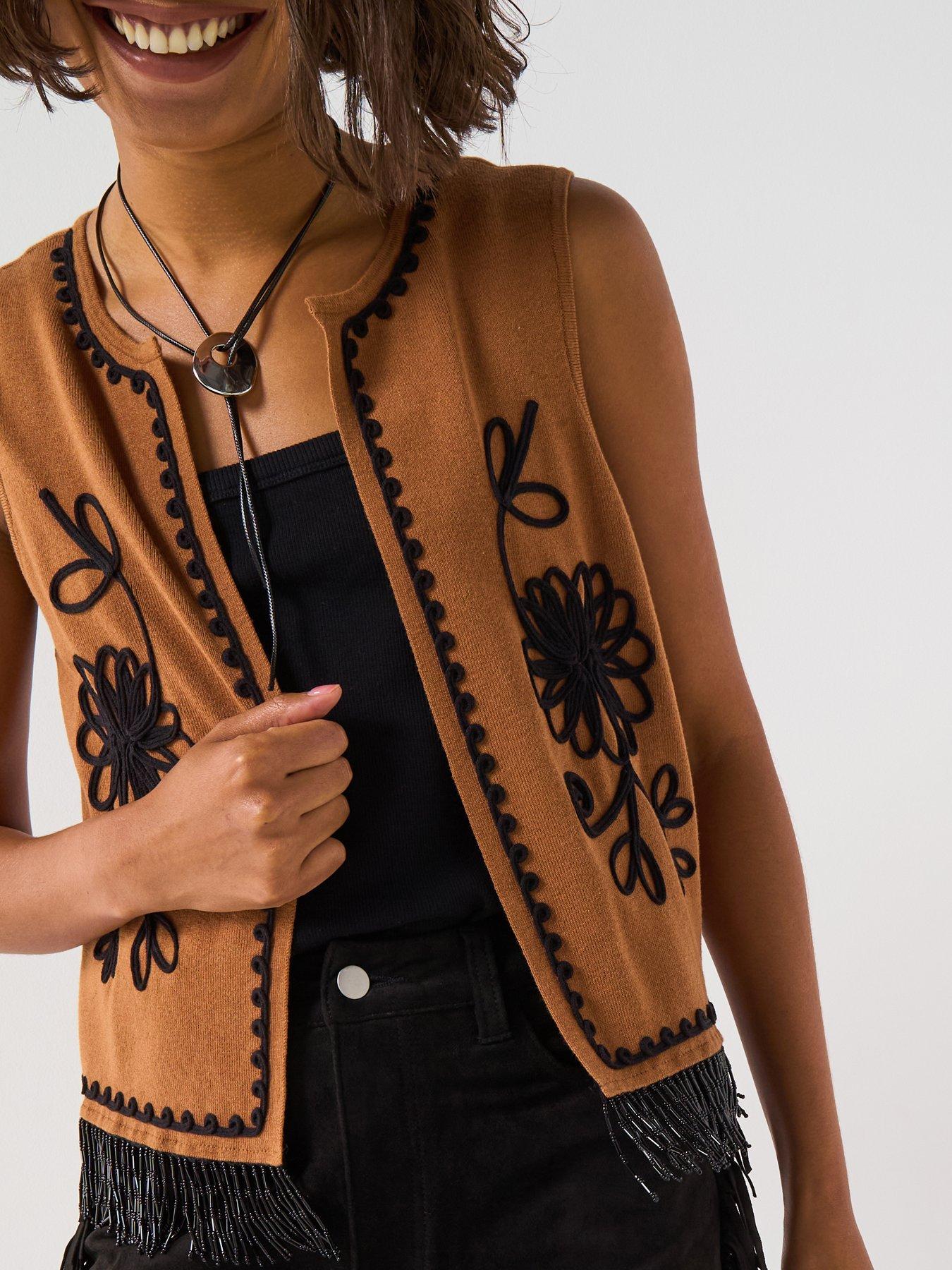undefined Embroidered Bead Detail Knitted Sleeveless Waistcoat - Brown