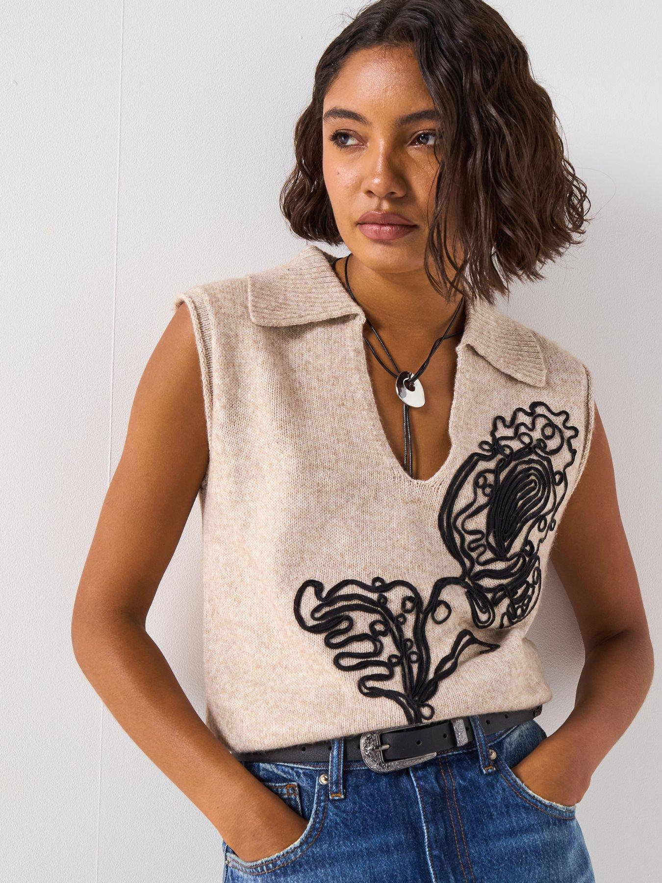 undefined Collared Neck Embroidered Vest - Natural