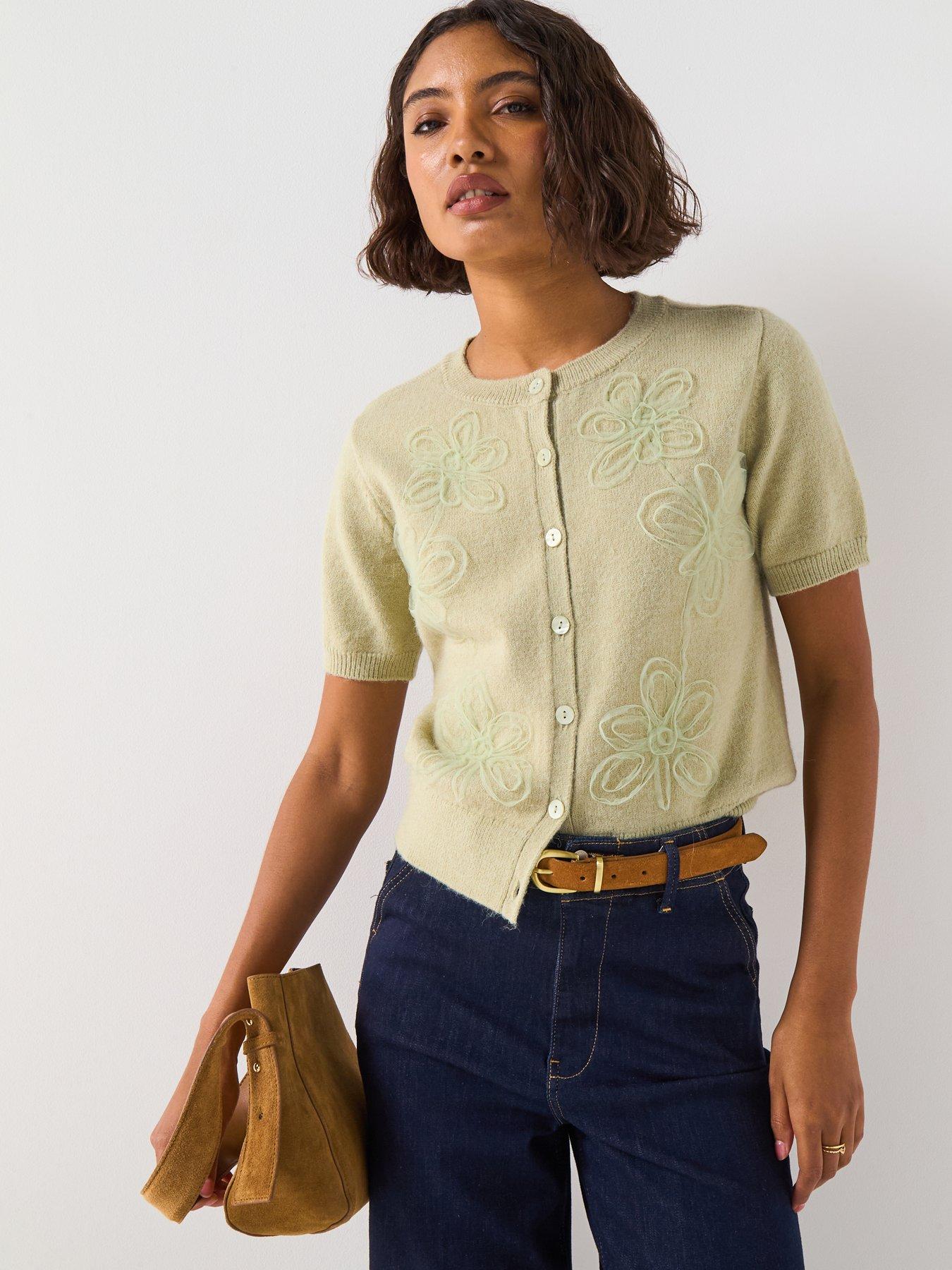 undefined Short Sleeve Flower Detail Knitted Cardigan - Green