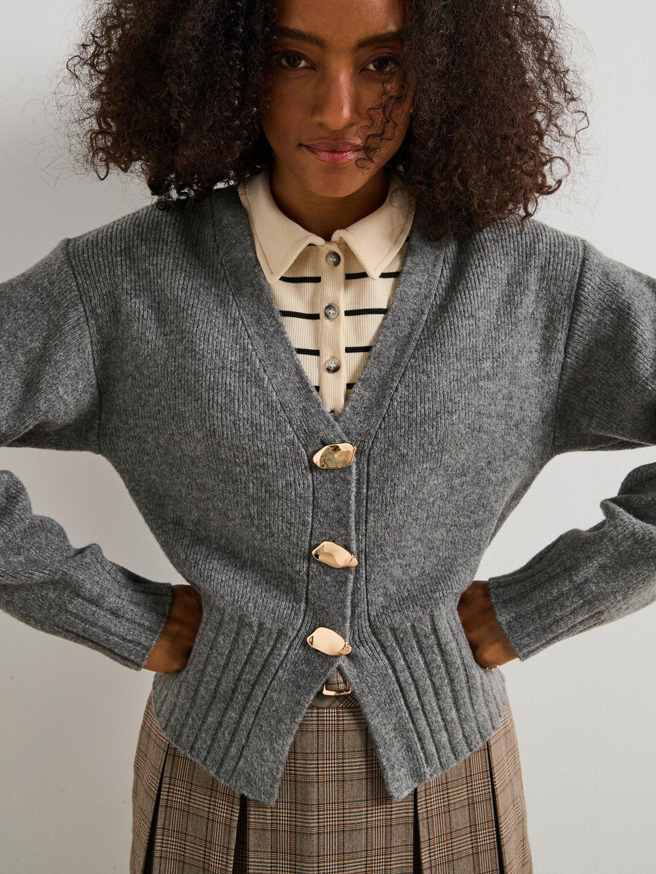 V by Very Style Yarn Cinched Waist Cardigan With Wool - Grey
