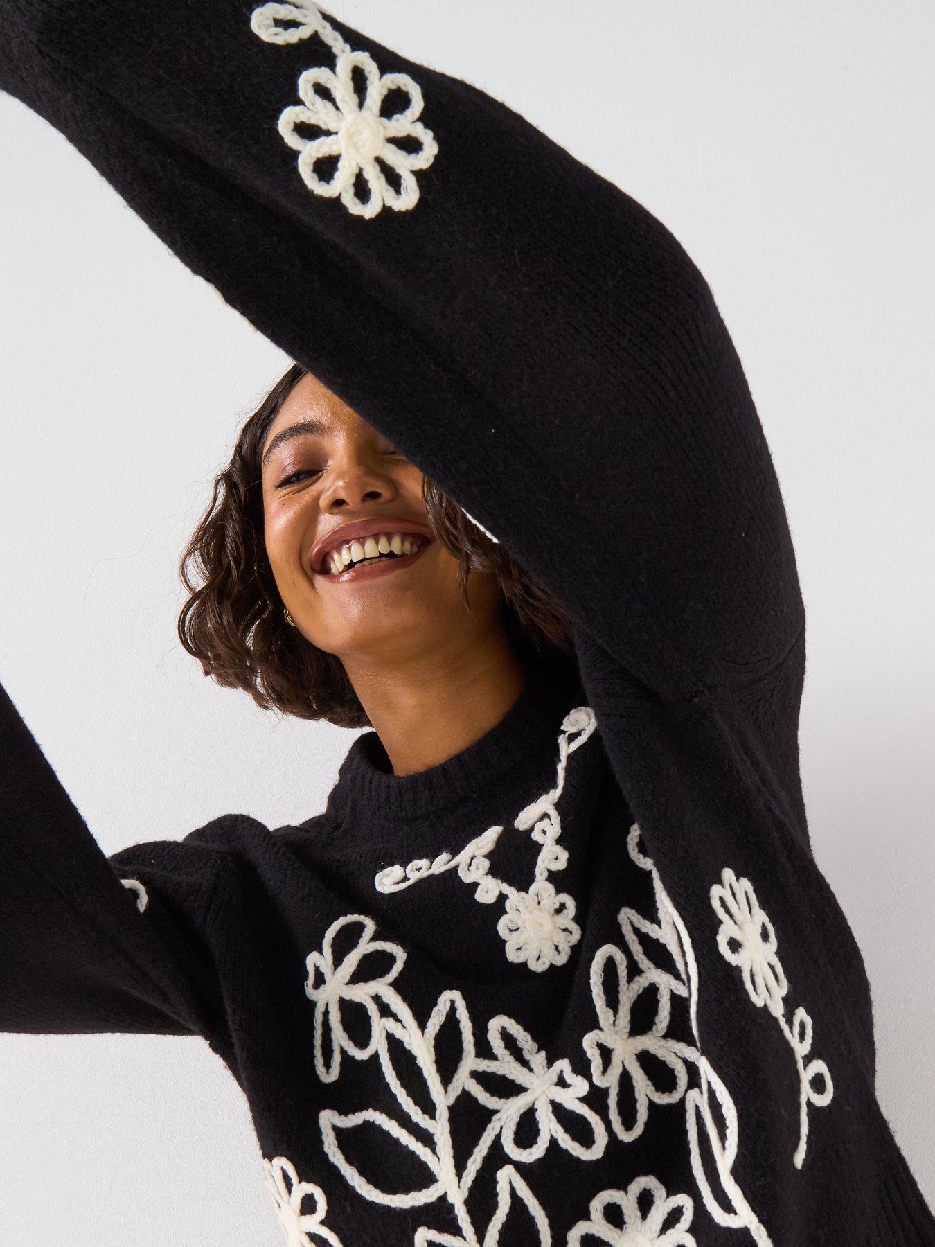 Image 4 of 6 of V by Very Flower Embroidered Jumper - Black