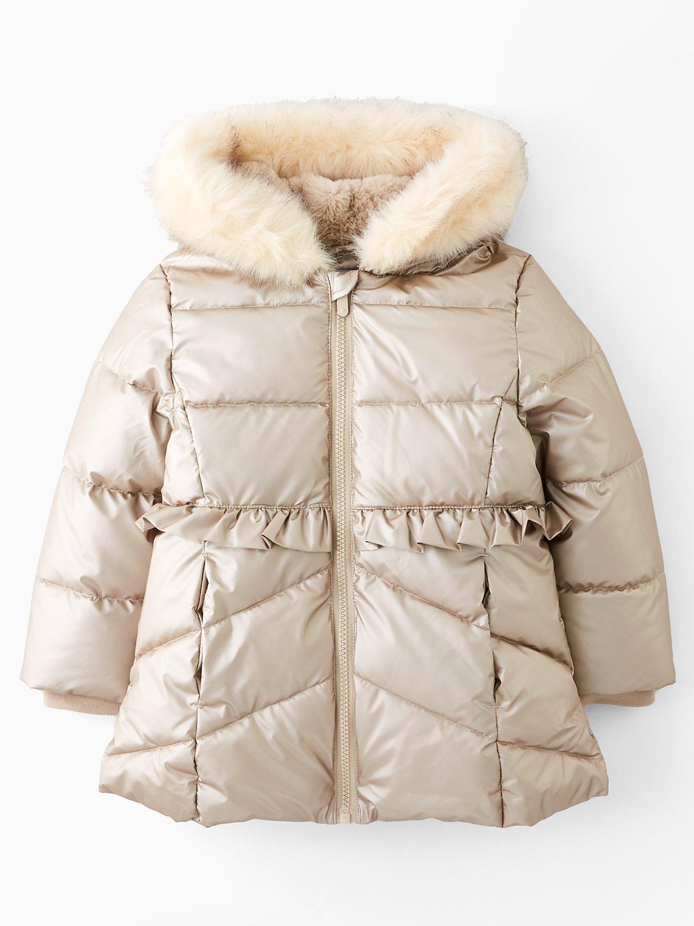 front image of the-very-collection-girls-metallic-faux-fur-hooded-frill-waist-heavy-weight-coat-metallic