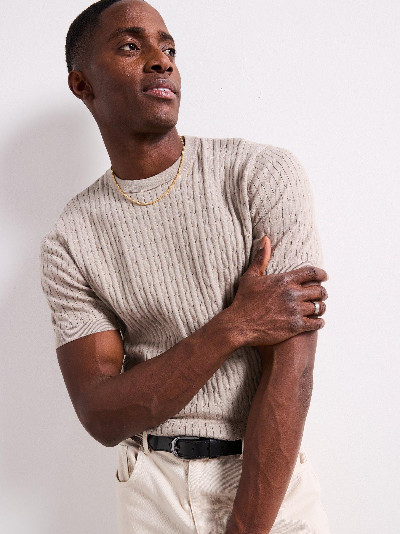  image of mango-muga-essentials-textured-short-sleeve-cable-knitted-t-shirt-beige