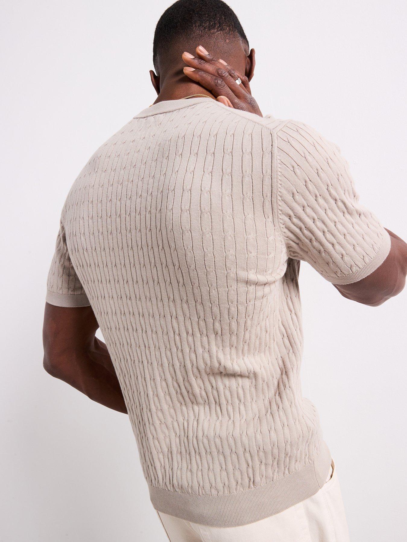  image of mango-muga-essentials-textured-short-sleeve-cable-knitted-t-shirt-beige