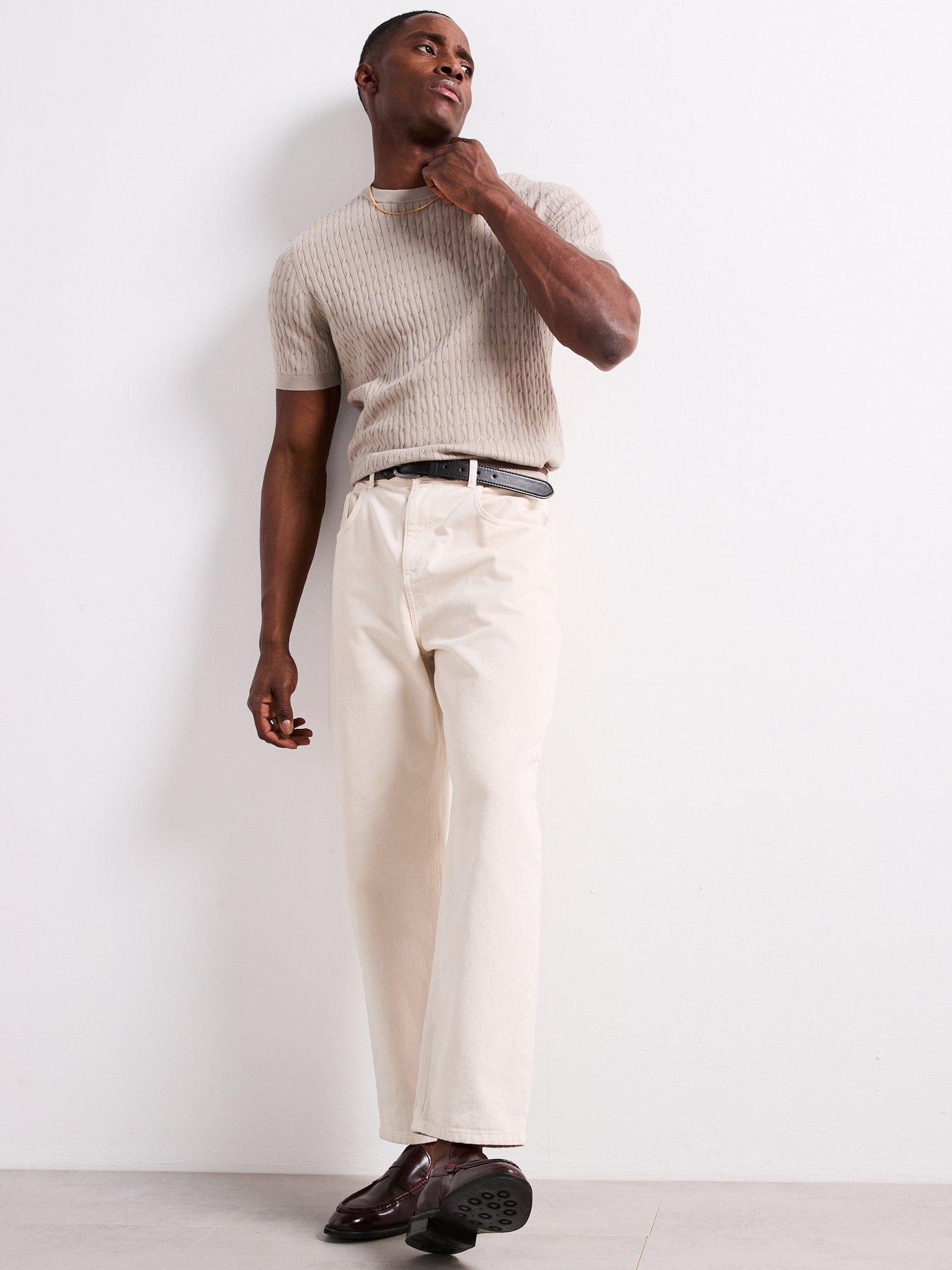  image of mango-muga-essentials-textured-short-sleeve-cable-knitted-t-shirt-beige