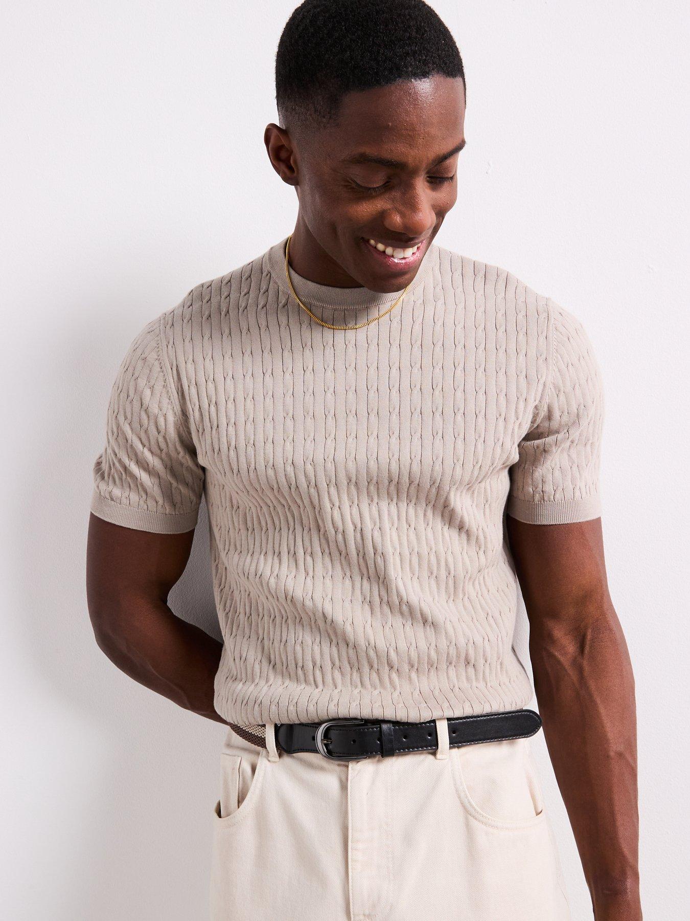  image of mango-muga-essentials-textured-short-sleeve-cable-knitted-t-shirt-beige