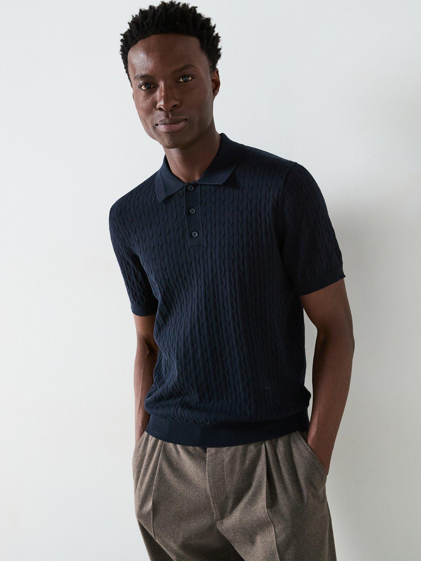  image of mango-muga-essentials-textured-short-sleeve-cable-knitted-polo-shirt-dark-blue
