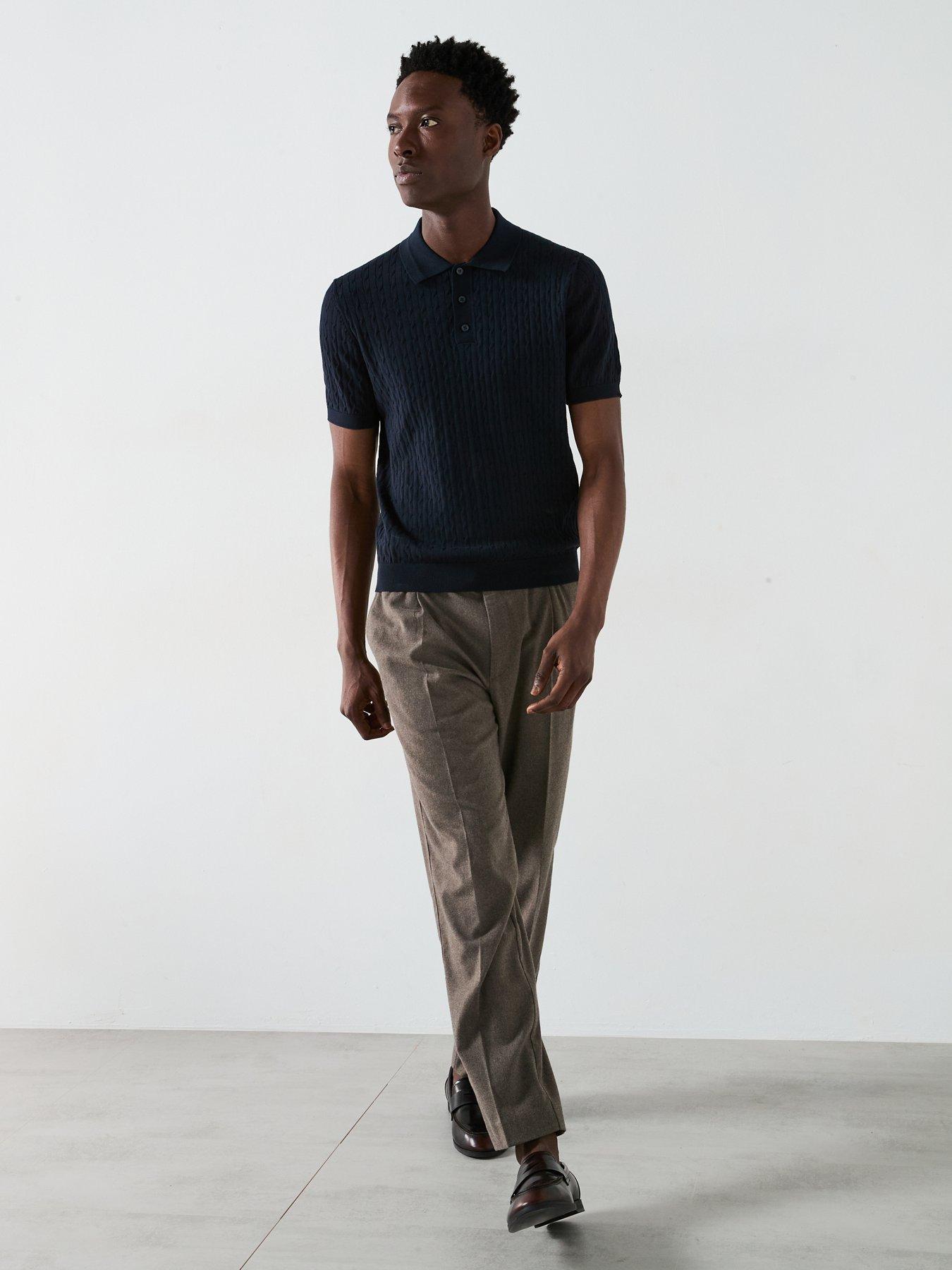  image of mango-muga-essentials-textured-short-sleeve-cable-knitted-polo-shirt-dark-blue