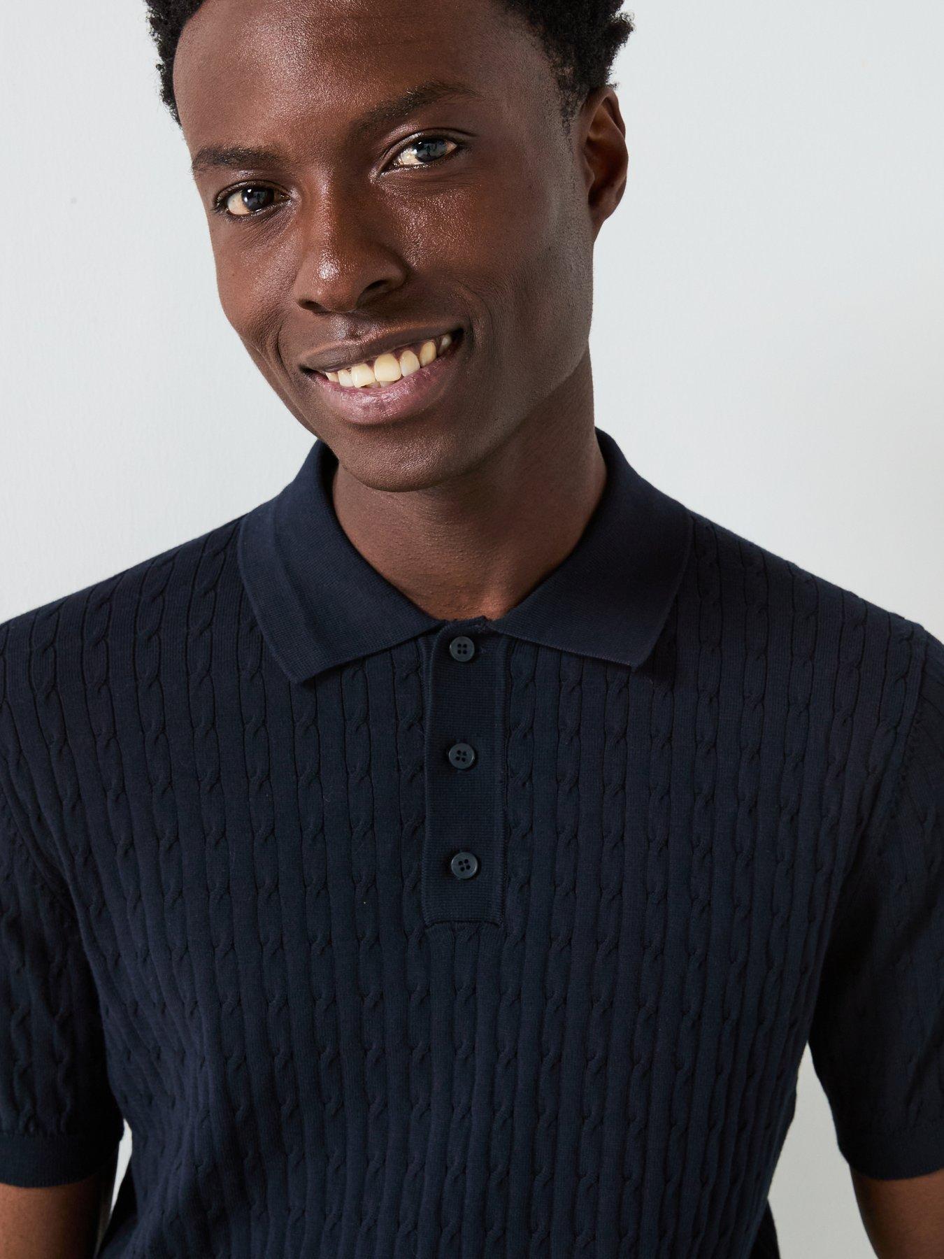  image of mango-muga-essentials-textured-short-sleeve-cable-knitted-polo-shirt-dark-blue