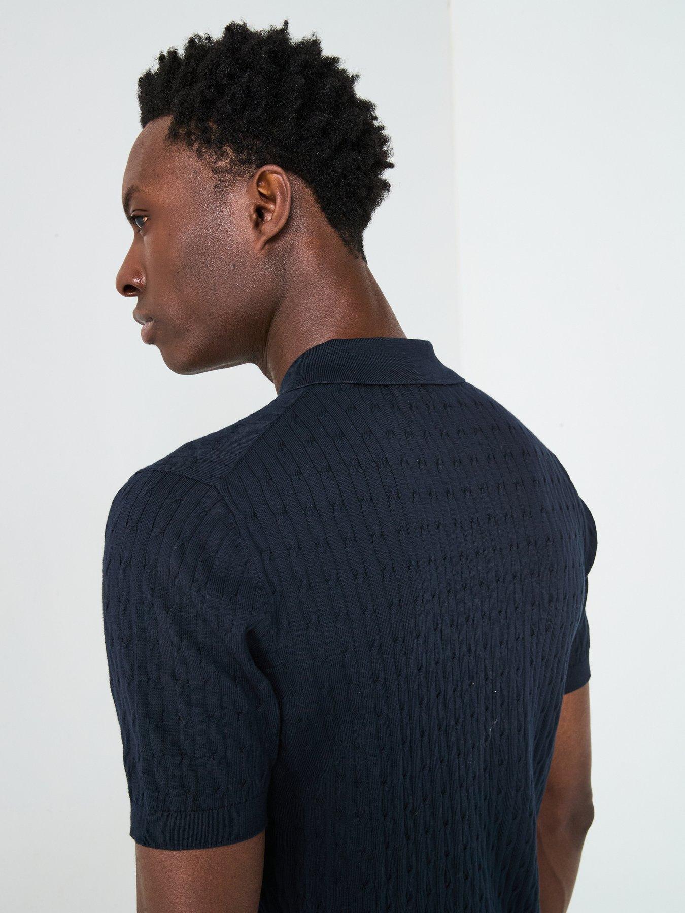  image of mango-muga-essentials-textured-short-sleeve-cable-knitted-polo-shirt-dark-blue