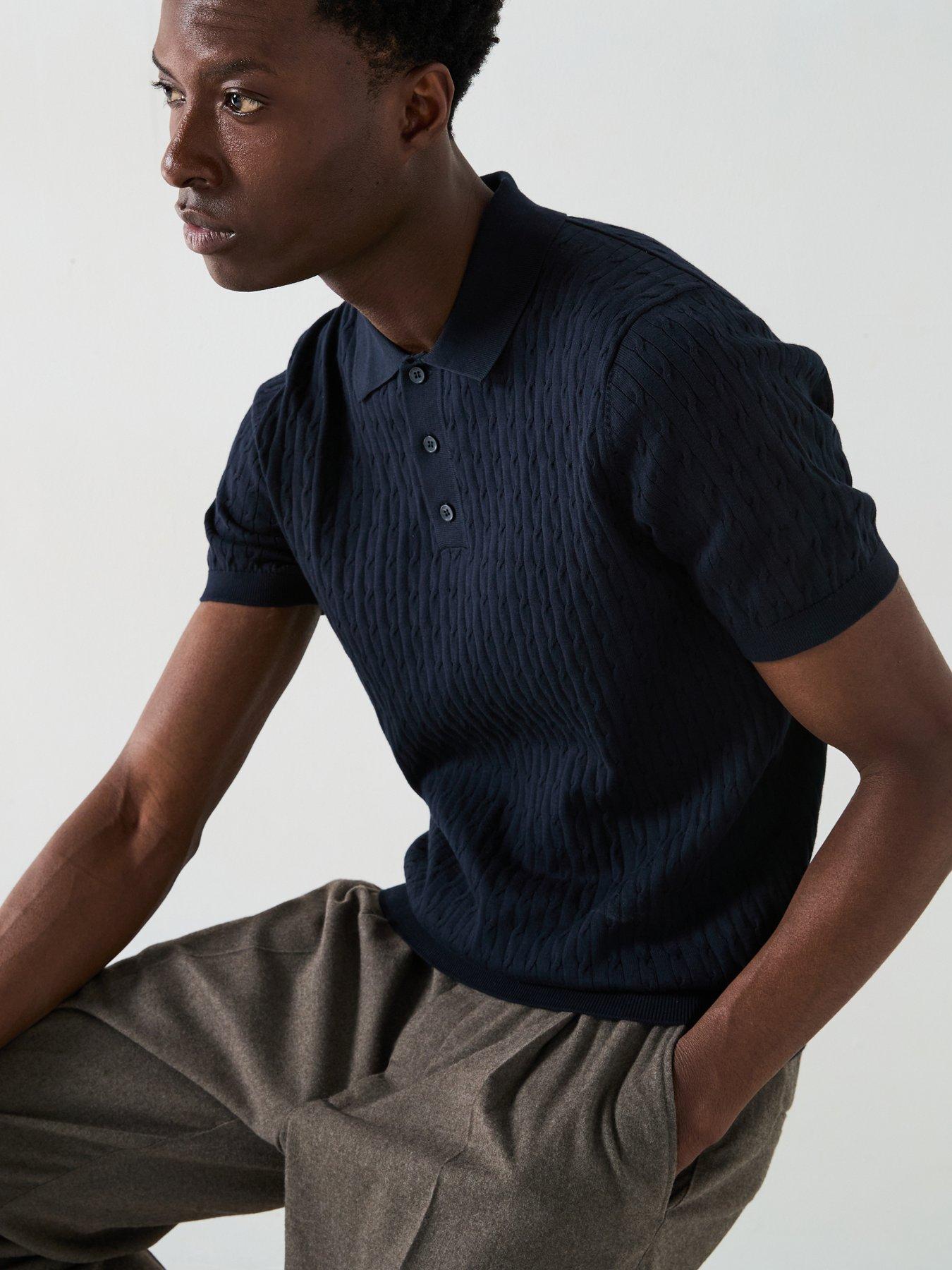  image of mango-muga-essentials-textured-short-sleeve-cable-knitted-polo-shirt-dark-blue