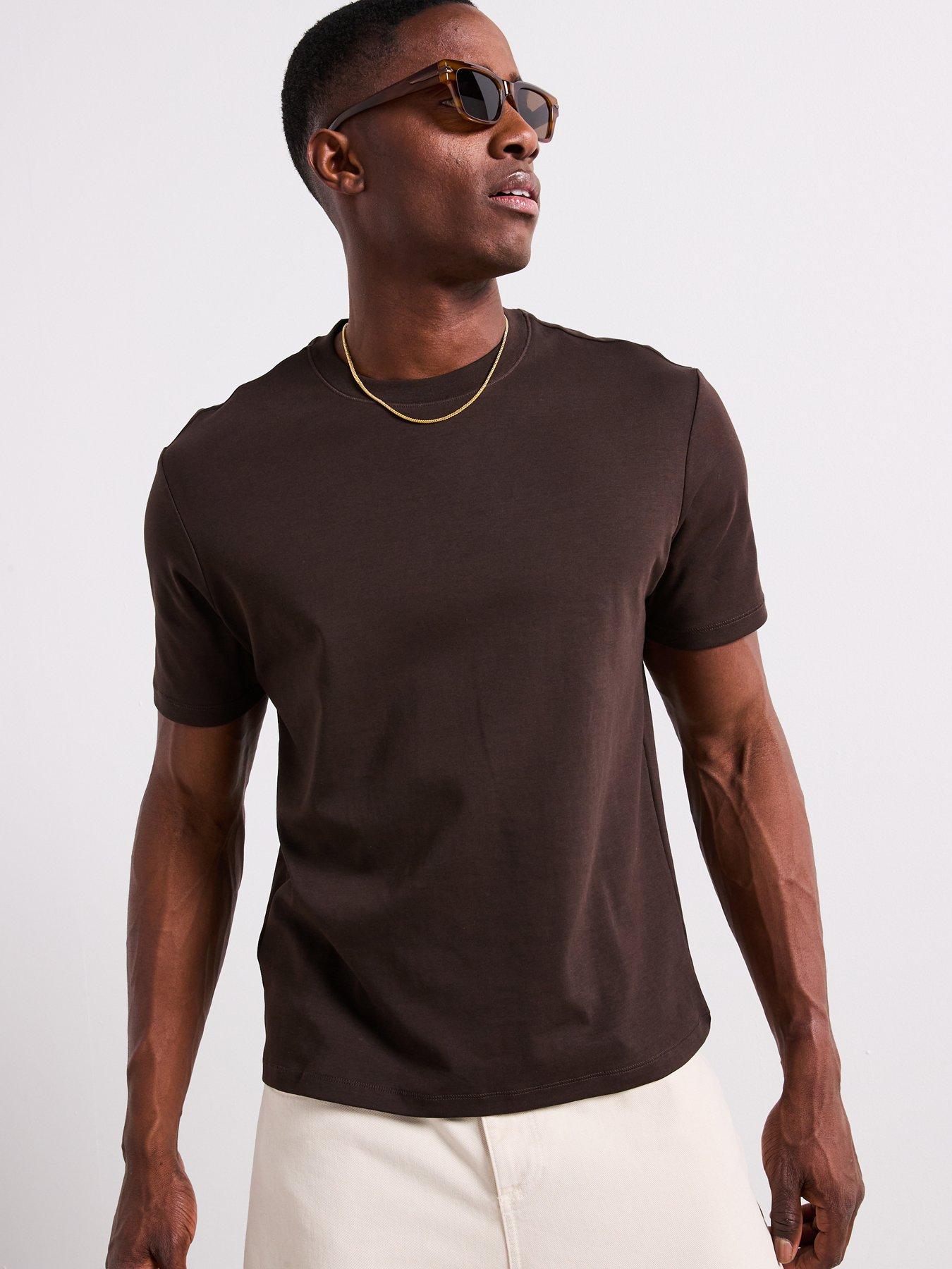  image of mango-kimi-essentials-short-sleeve-crew-neck-t-shirt-dark-brown