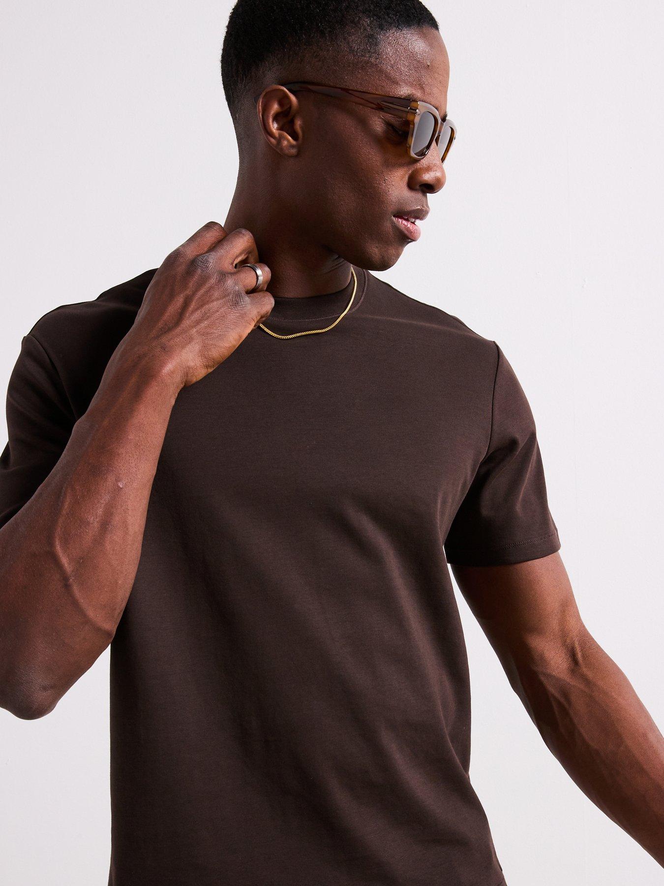  image of mango-kimi-essentials-short-sleeve-crew-neck-t-shirt-dark-brown