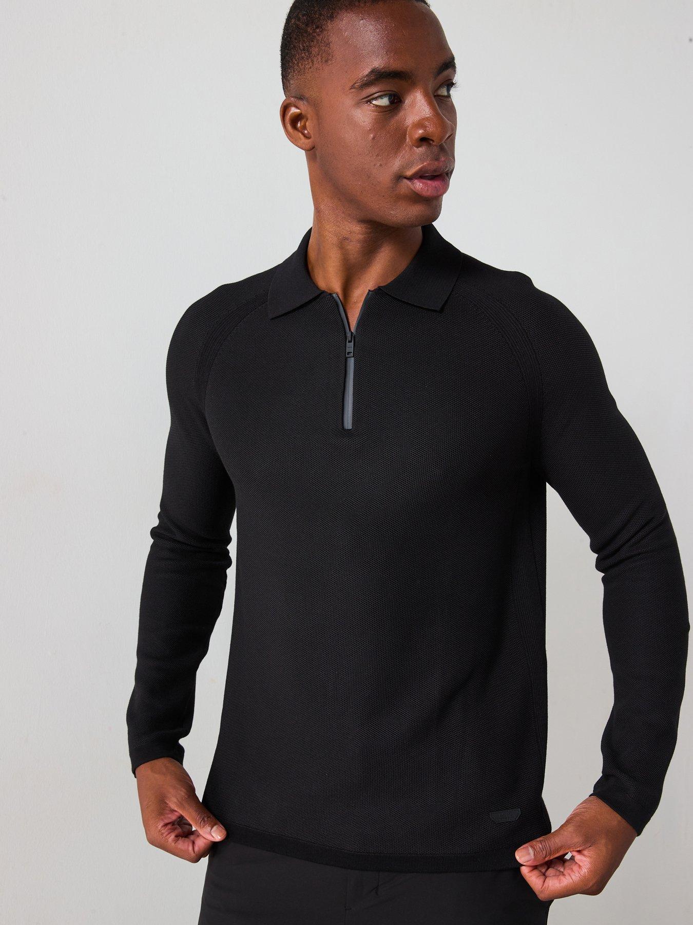 mango-performance-long-sleeve-zipped-knitted-polo-shirt-black