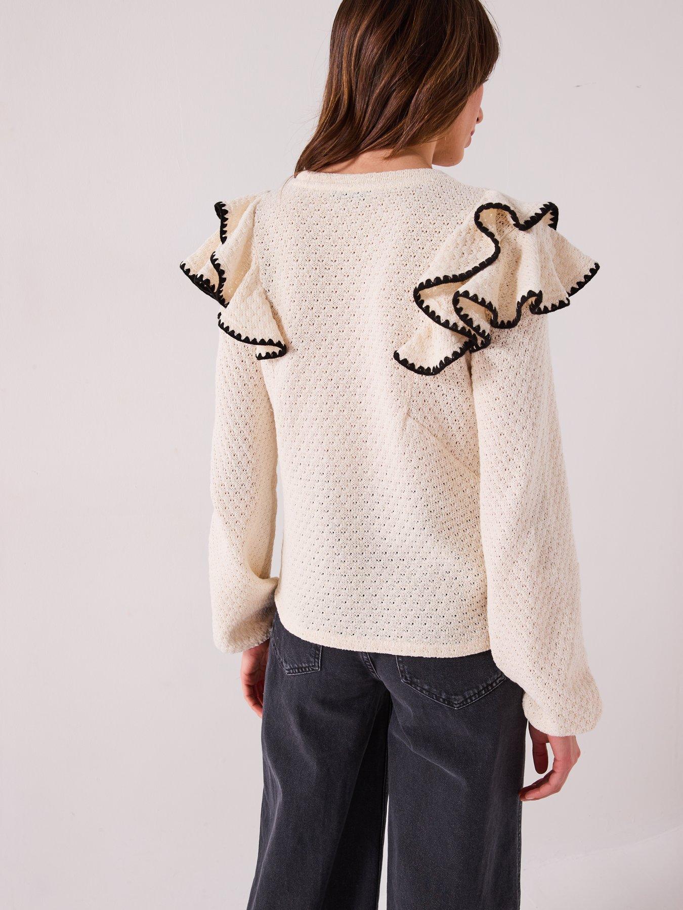  image of v-by-very-contrast-frill-loose-fit-jumper-cream