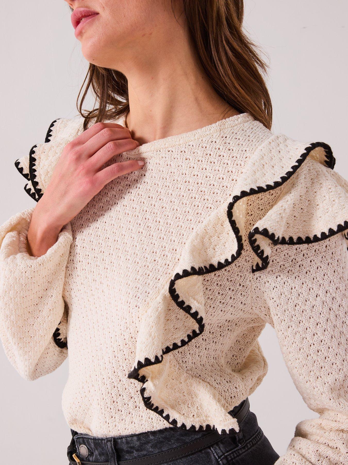  image of v-by-very-contrast-frill-loose-fit-jumper-cream
