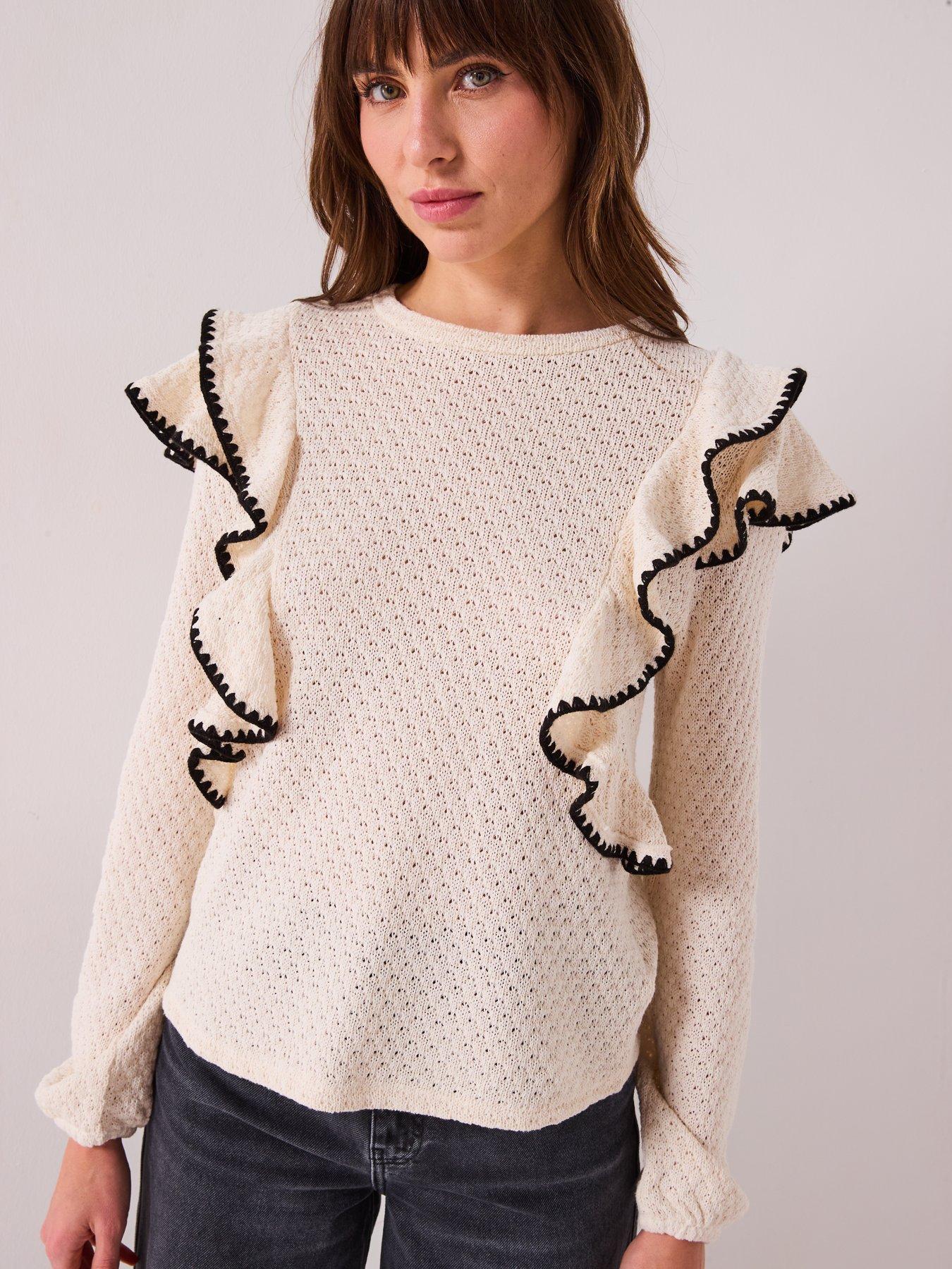  image of v-by-very-contrast-frill-loose-fit-jumper-cream