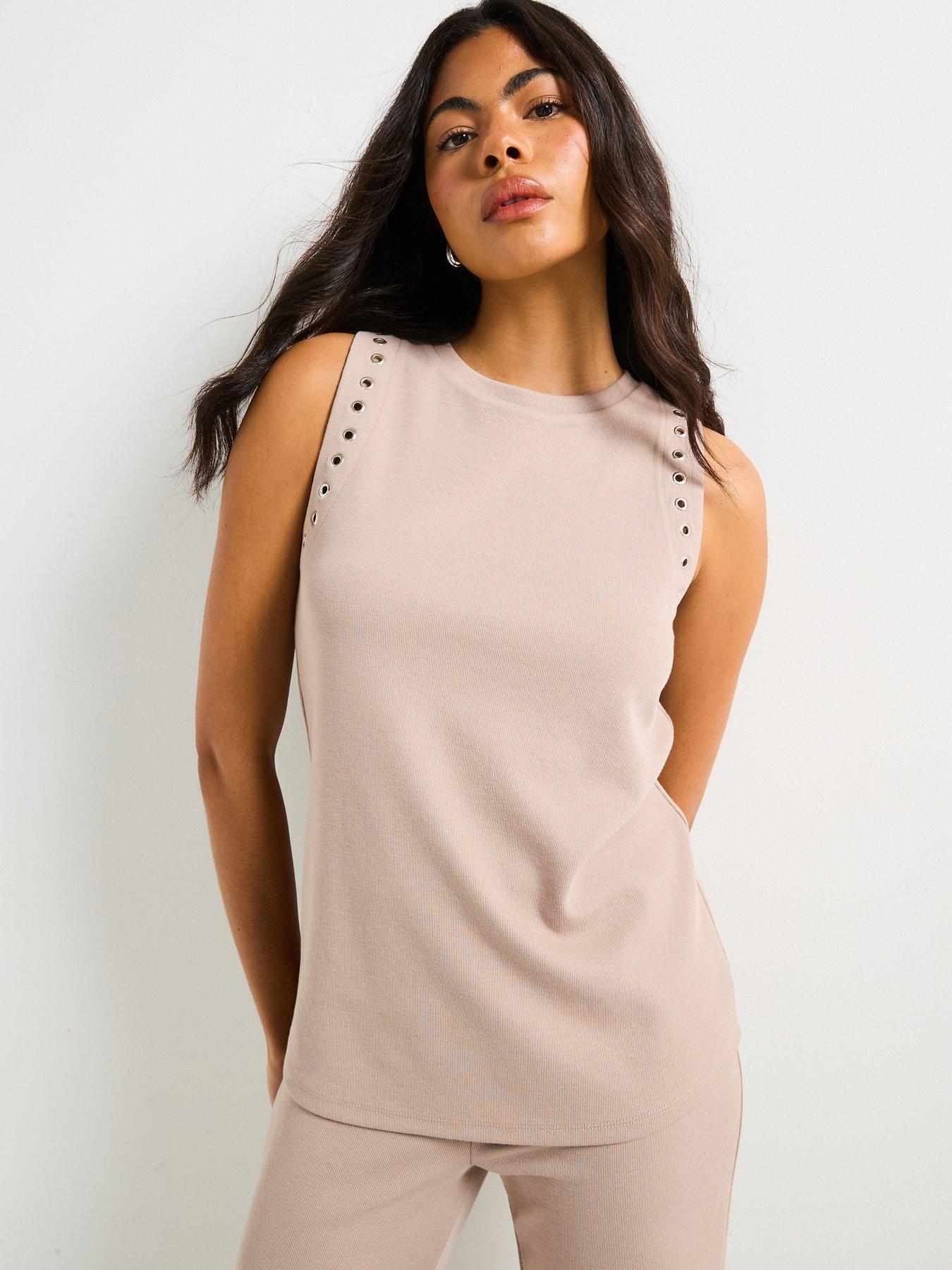 undefined Eyelet Detail Longline Vest Co-Ord - Neutral