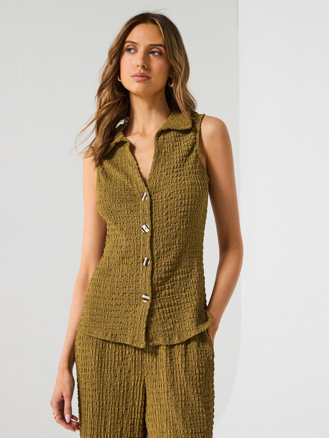undefined Longline Button Thru Waistcoat Top Co-ord - Khaki