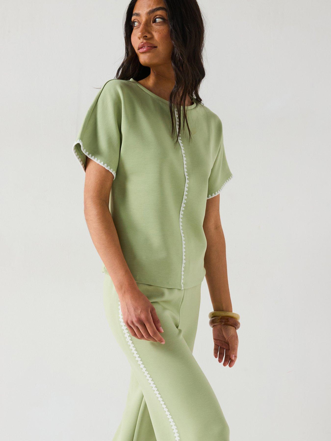 undefined Soft Touch Whipstitch Sleeveless Sweatshirt Top Co-Ord - Sage