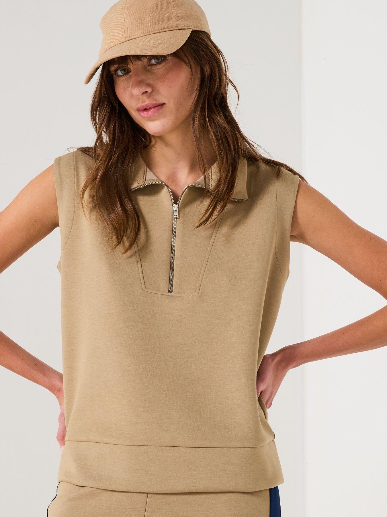  image of v-by-very-zip-up-sleeveless-sweatshirt-top-co-ord-taupe
