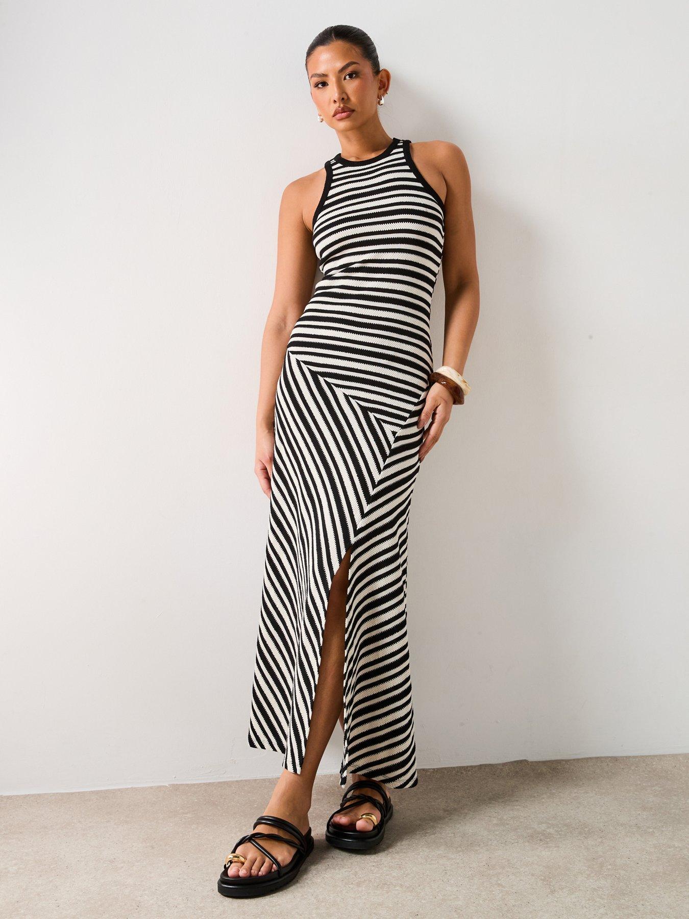  image of v-by-very-stripe-asymmetric-waist-midaxi-dress-black