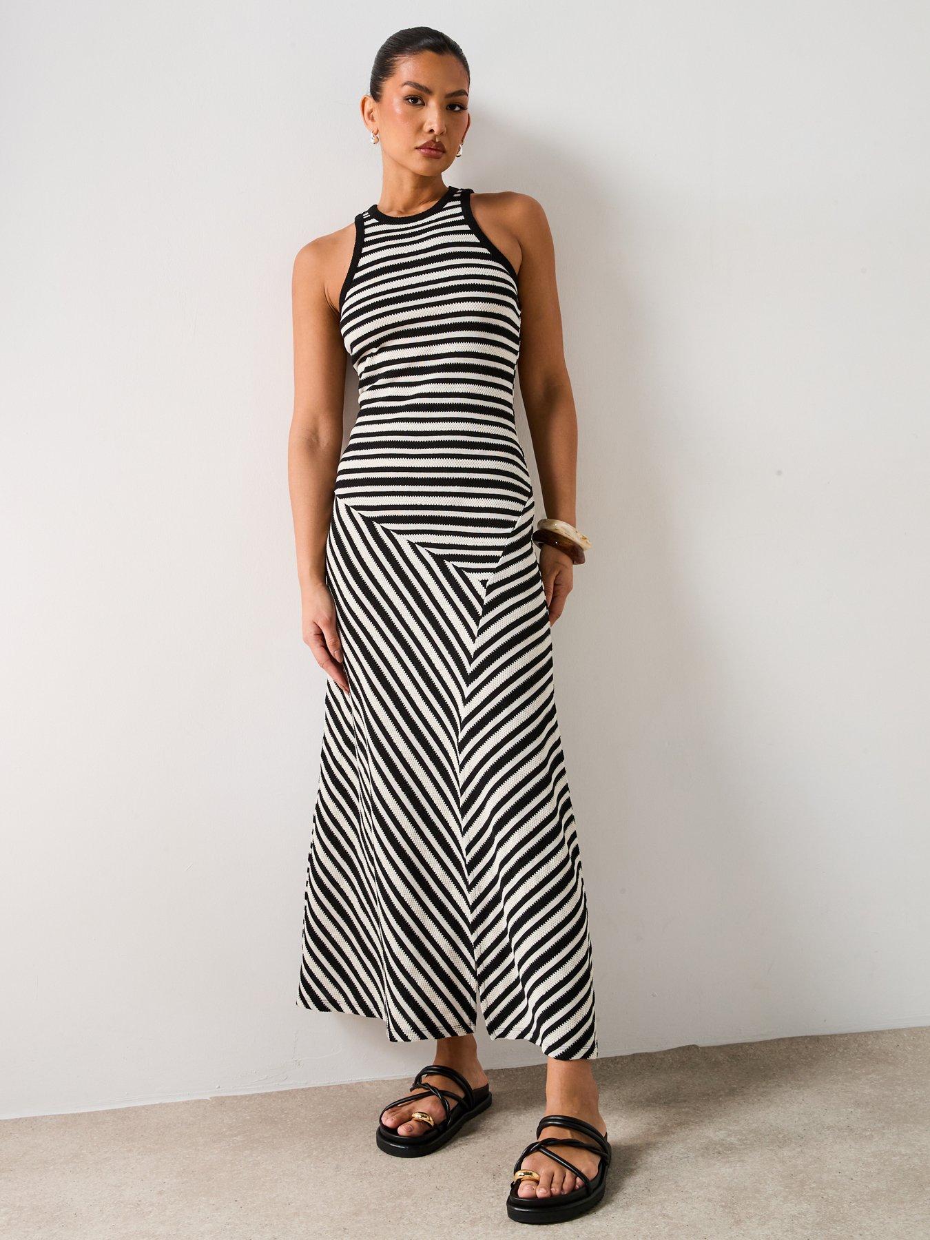  image of v-by-very-stripe-asymmetric-waist-midaxi-dress-black