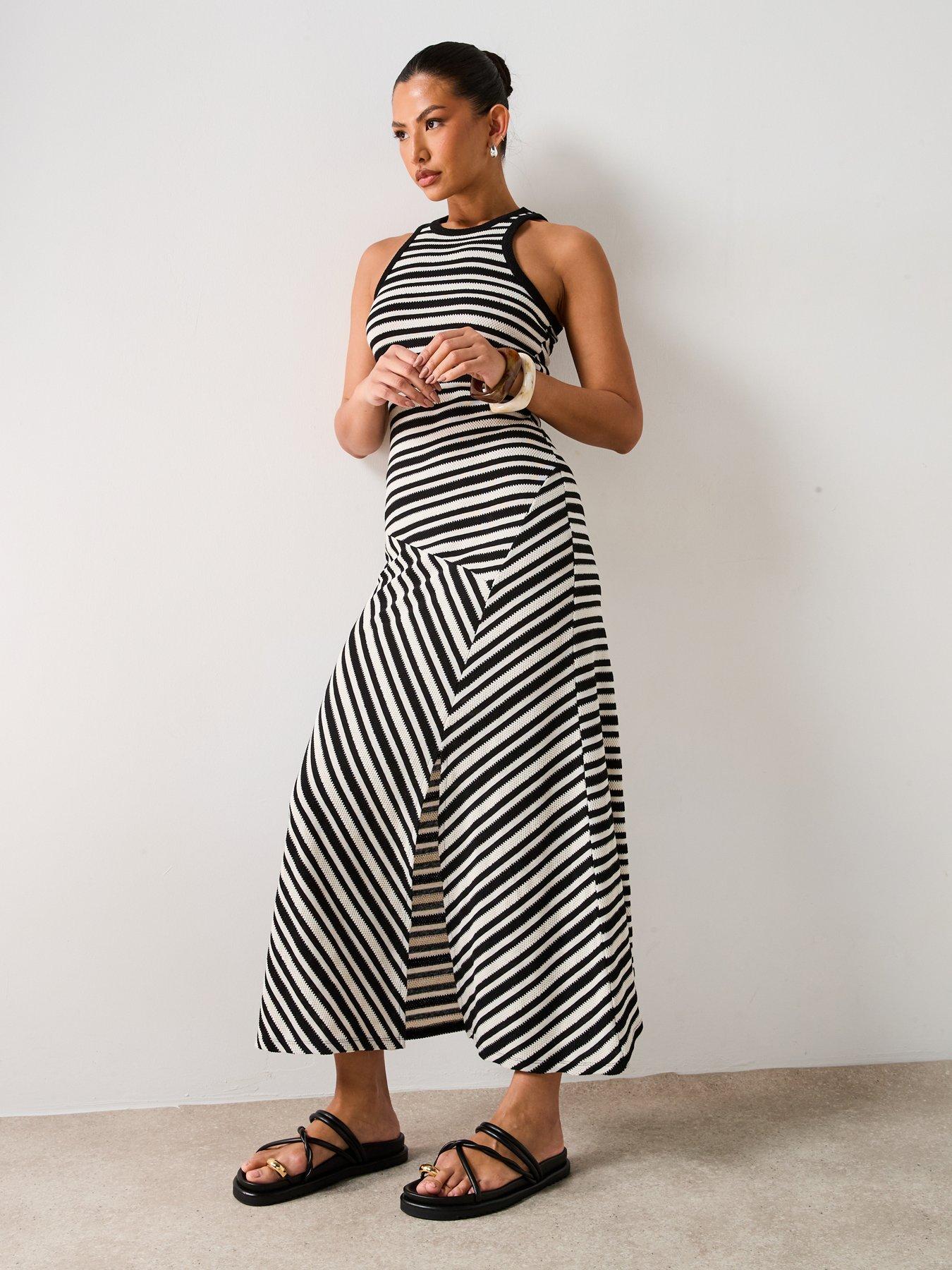  image of v-by-very-stripe-asymmetric-waist-midaxi-dress-black