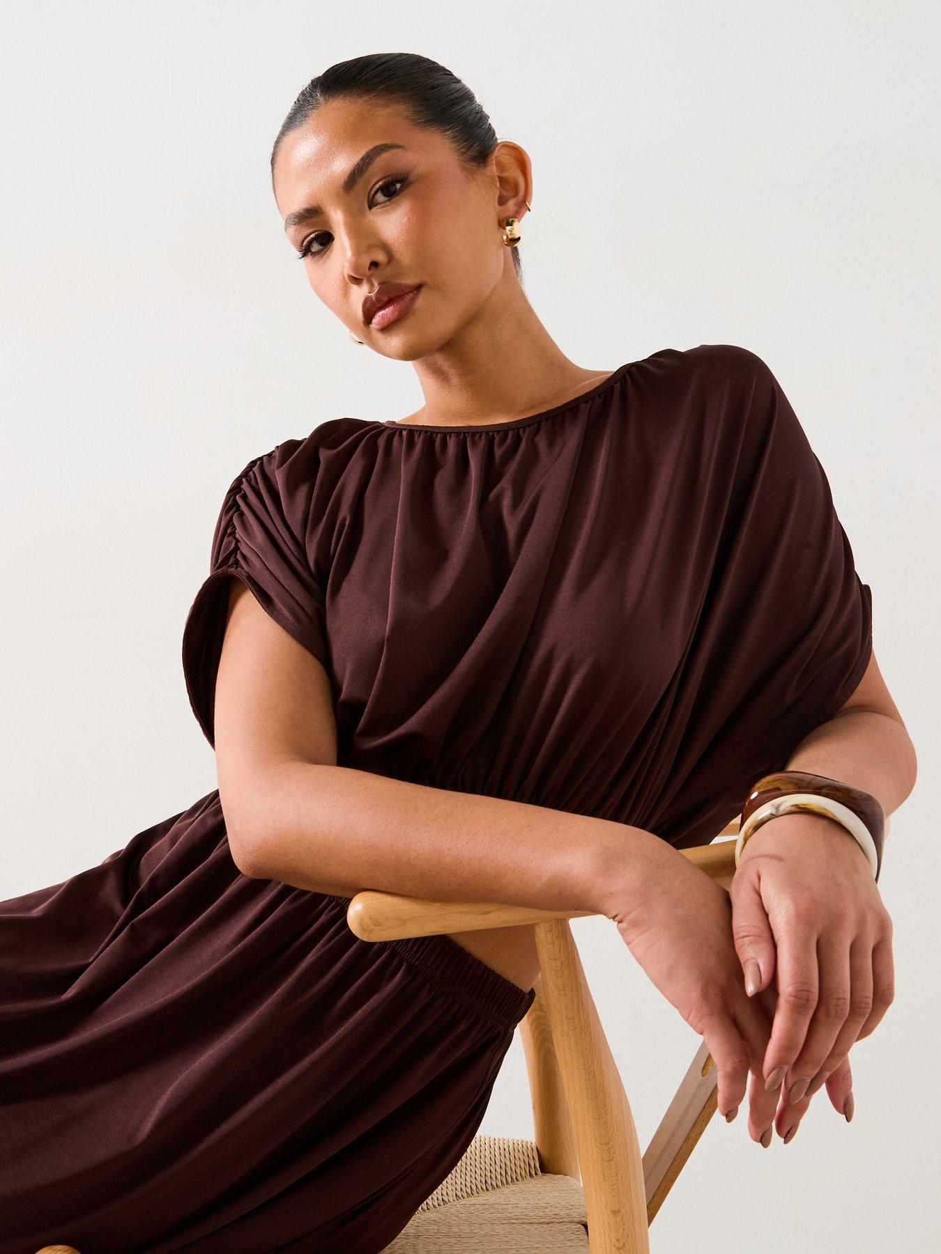  image of v-by-very-ruched-detail-bubble-hem-co-ord-top-brown