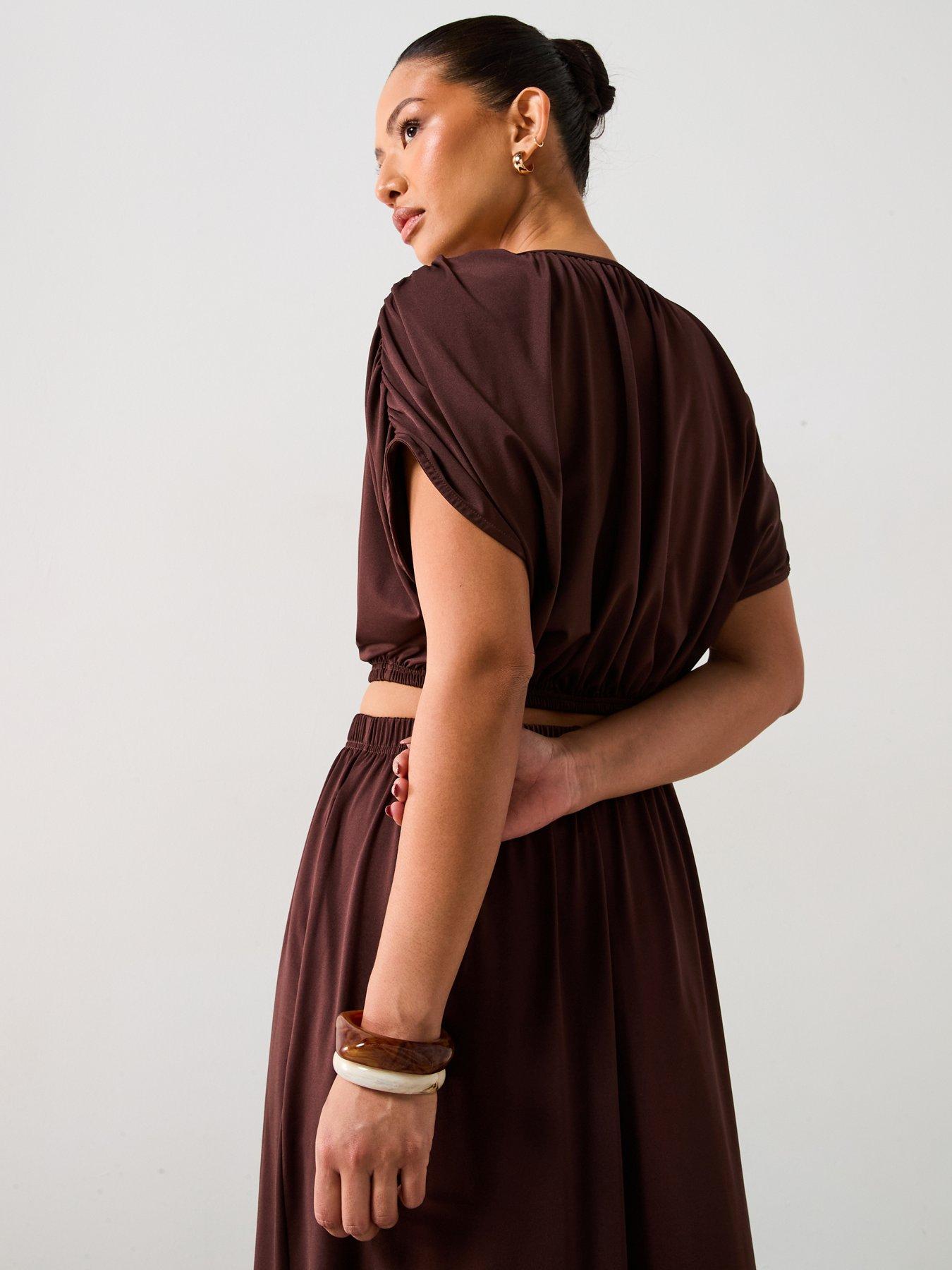  image of v-by-very-ruched-detail-bubble-hem-co-ord-top-brown