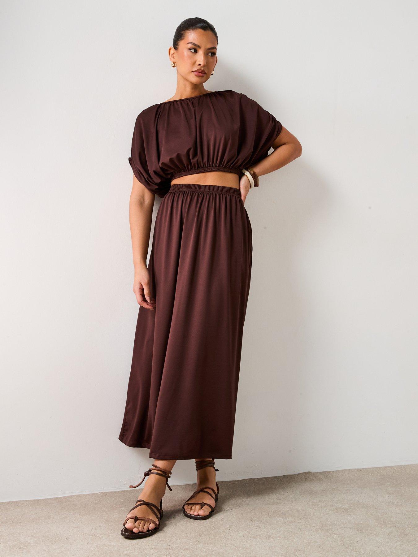 image of v-by-very-ruched-detail-bubble-hem-co-ord-top-brown