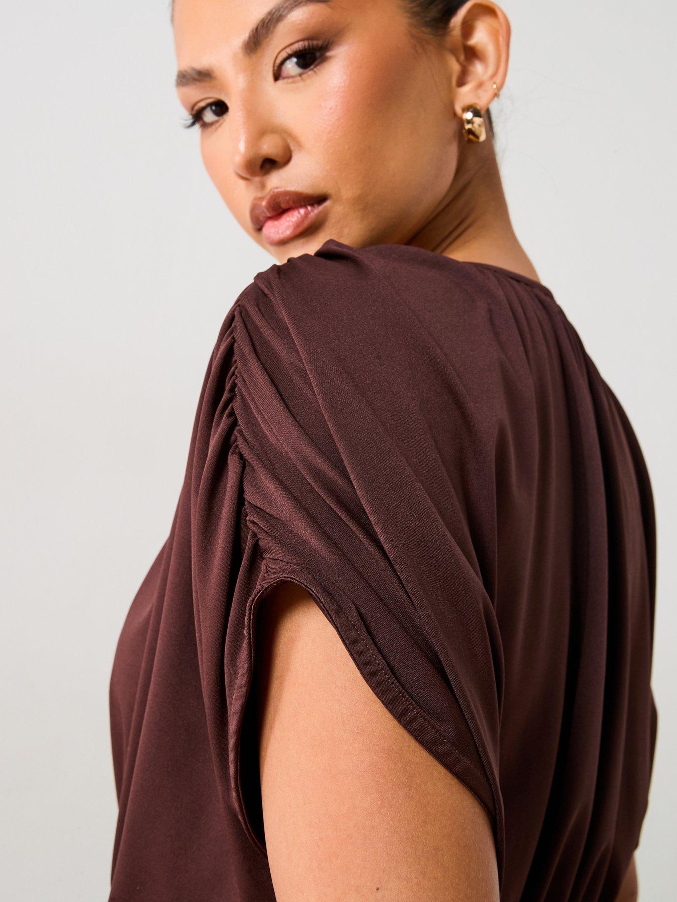  image of v-by-very-ruched-detail-bubble-hem-co-ord-top-brown