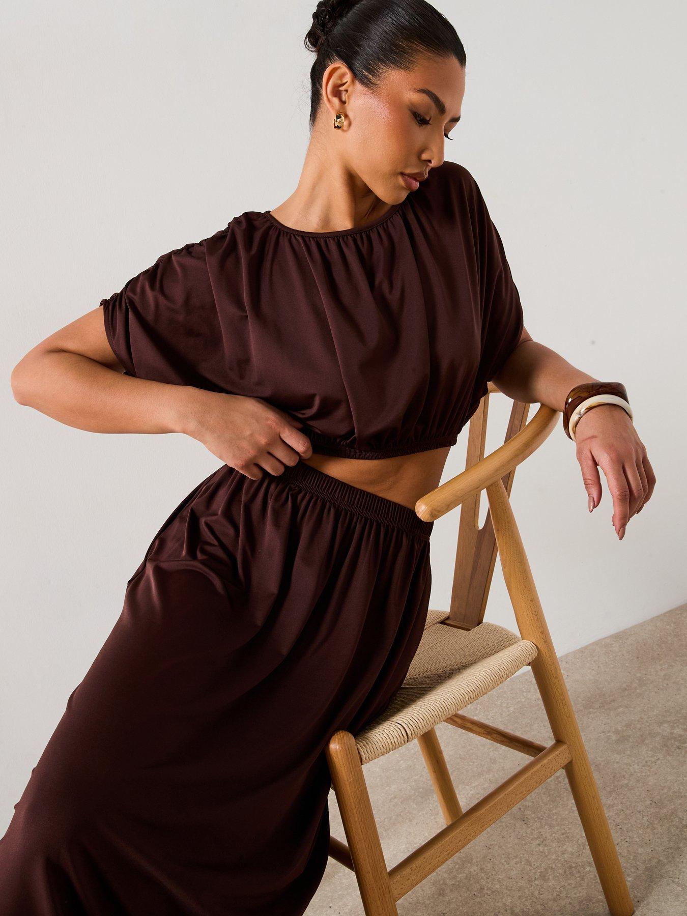  image of v-by-very-ruched-detail-bubble-hem-co-ord-top-brown