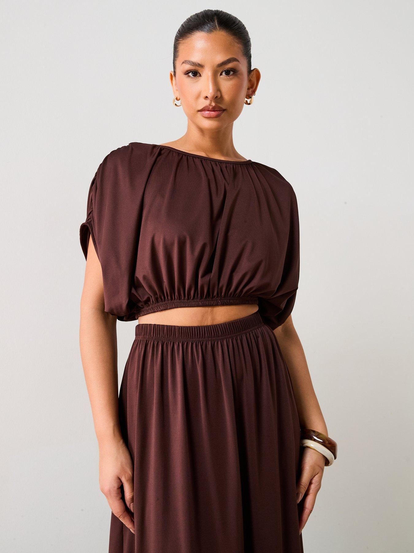  image of v-by-very-ruched-detail-bubble-hem-co-ord-top-brown