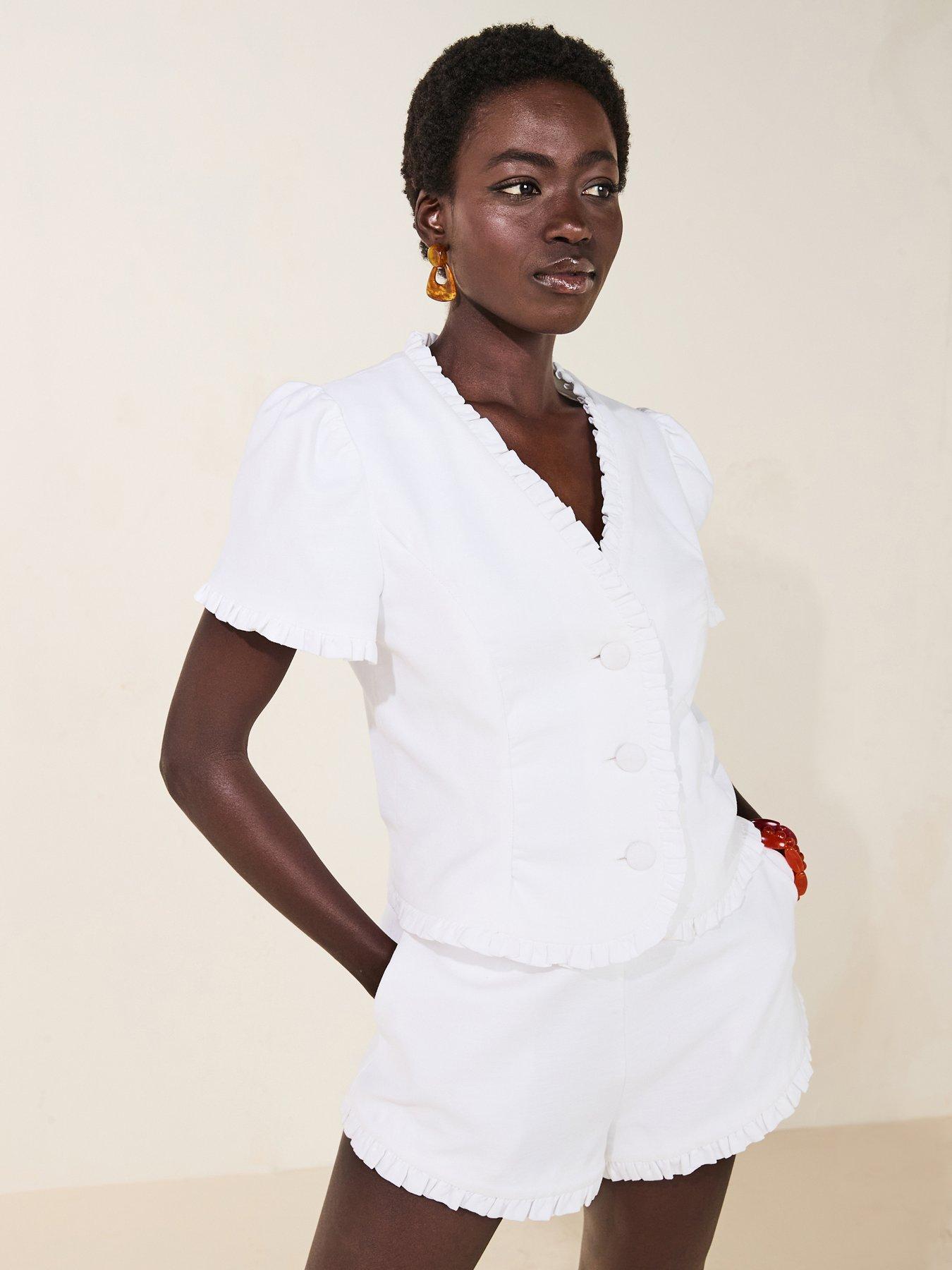 front image of river-island-linen-ruffle-short-white