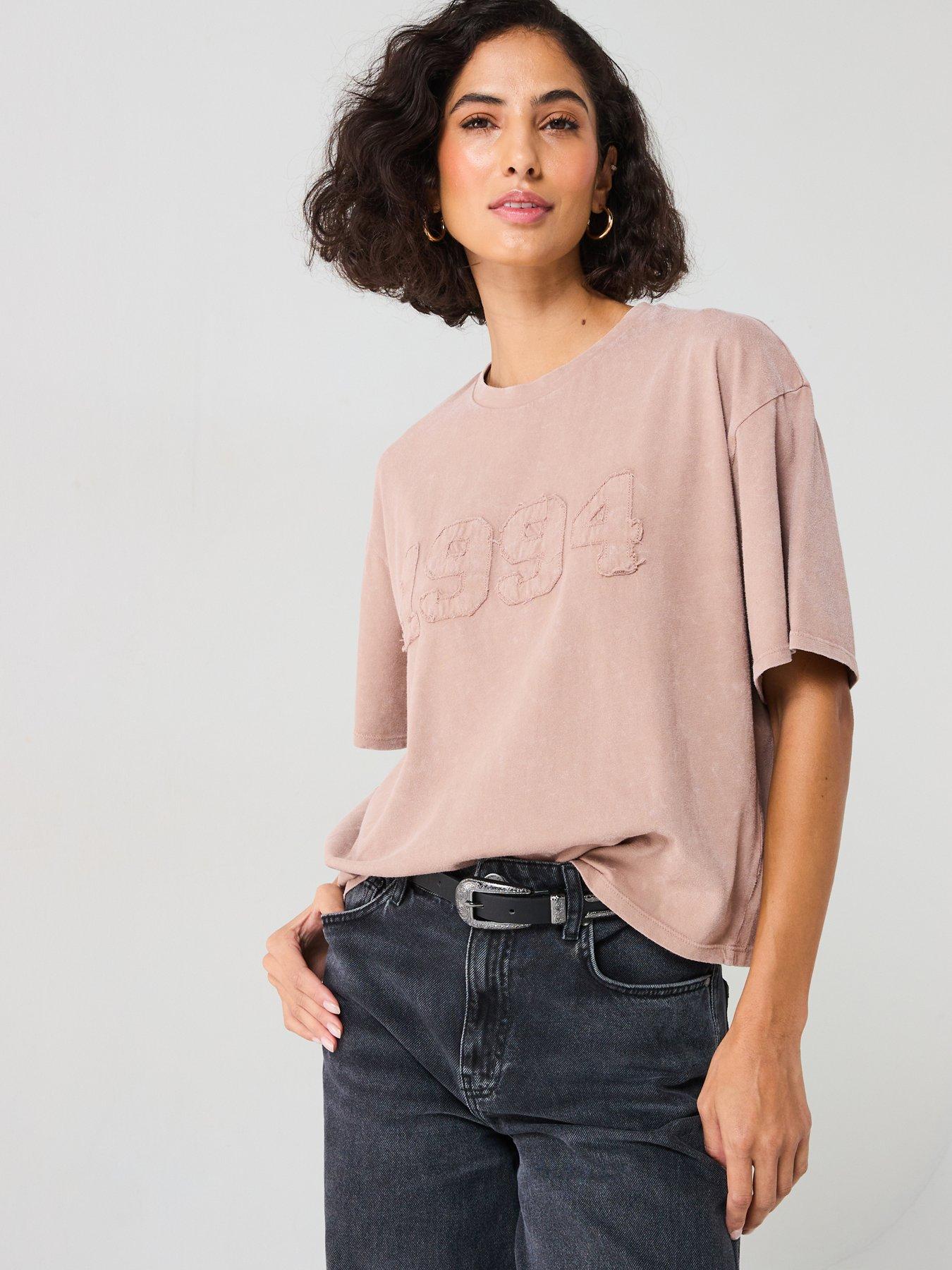 V by Very Washed Look Applique T-shirt - Pink | Littlewoods