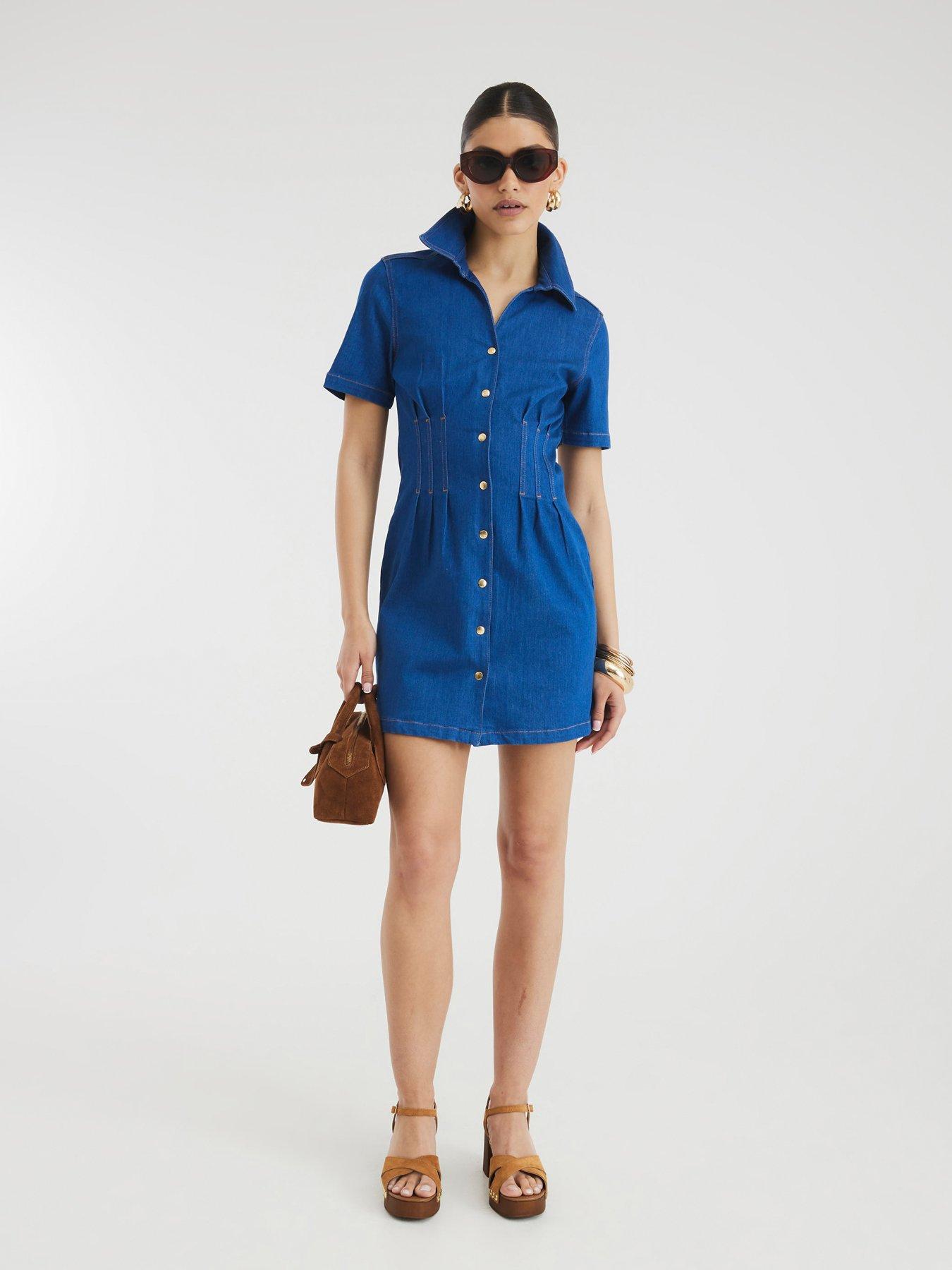 denim shirt dress river island Blue Long Sleeve Denim Mini Shirt Dress