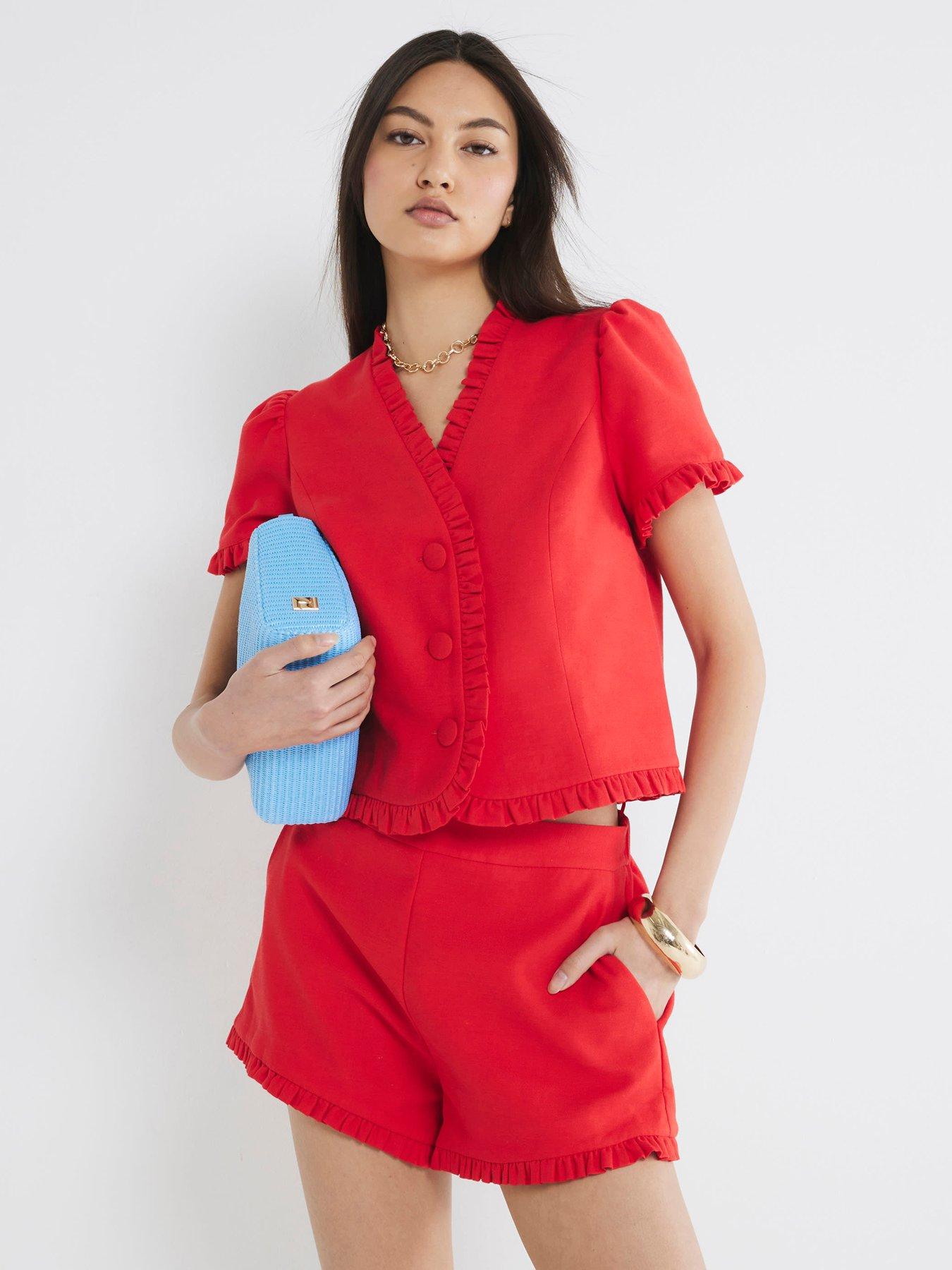 front image of river-island-frill-linen-tailored-top-red
