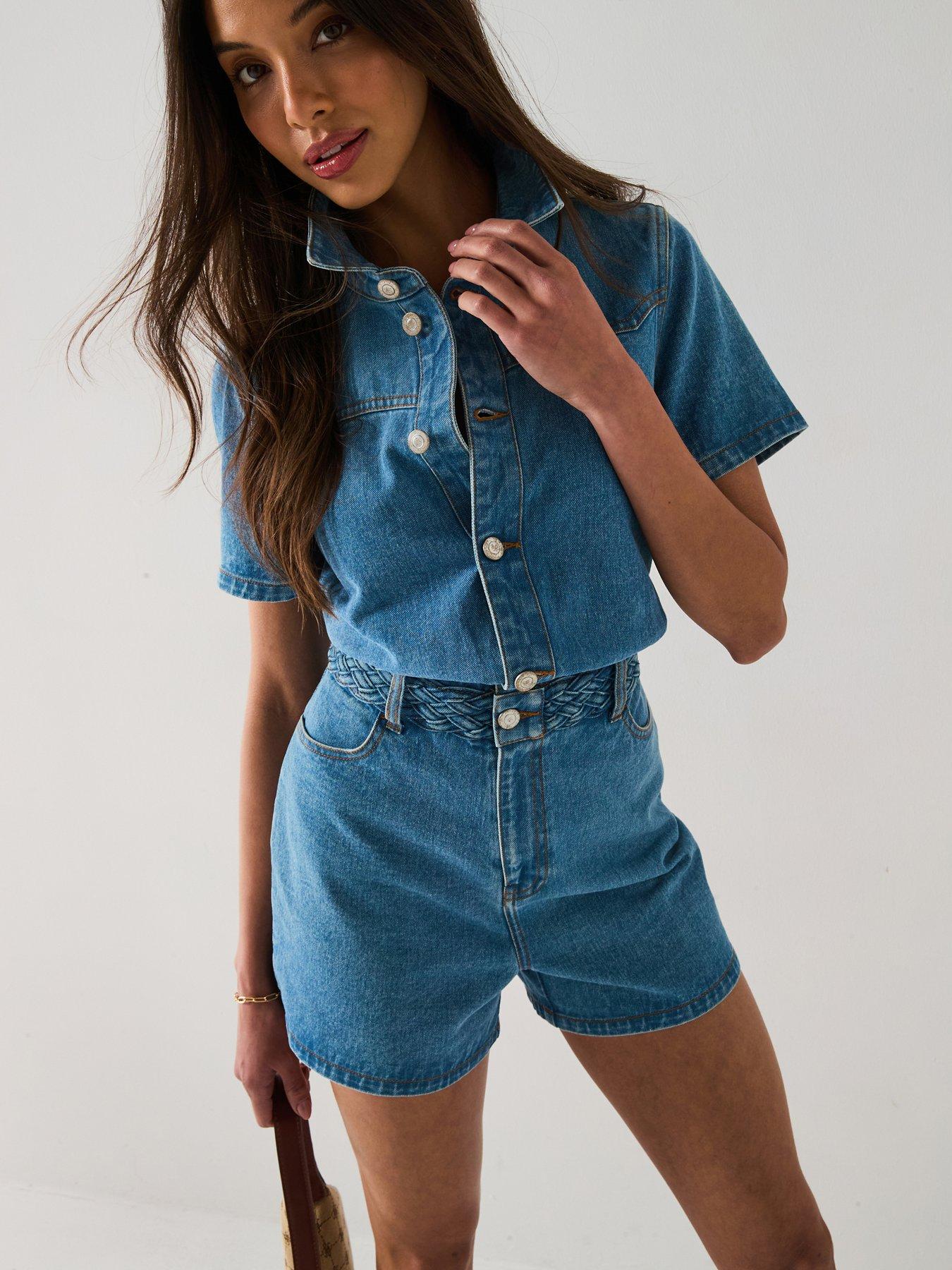 Image 1 of 6 of V by Very Plaited Waist Denim Playsuit - Mid Wash