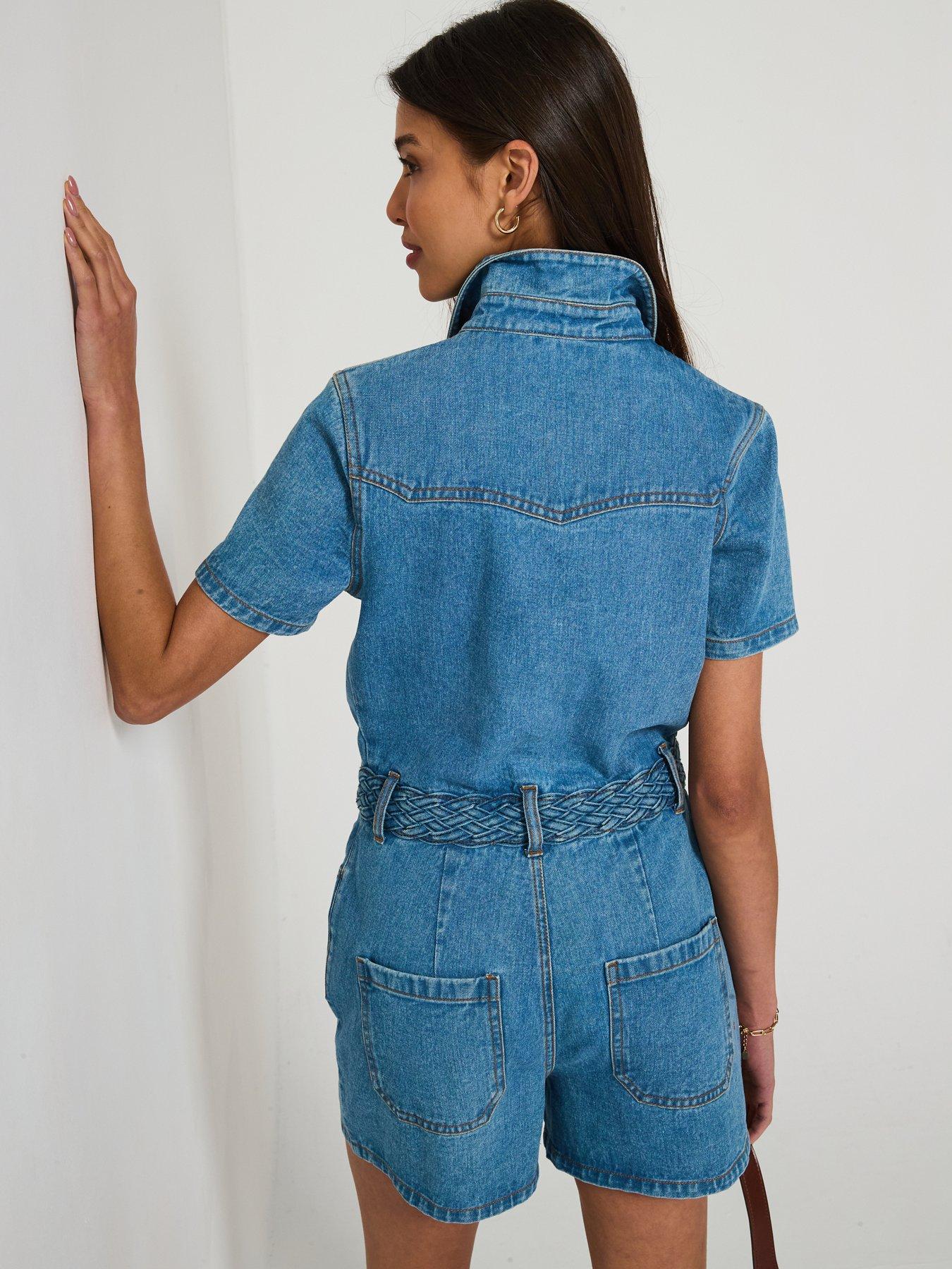 Image 2 of 6 of V by Very Plaited Waist Denim Playsuit - Mid Wash