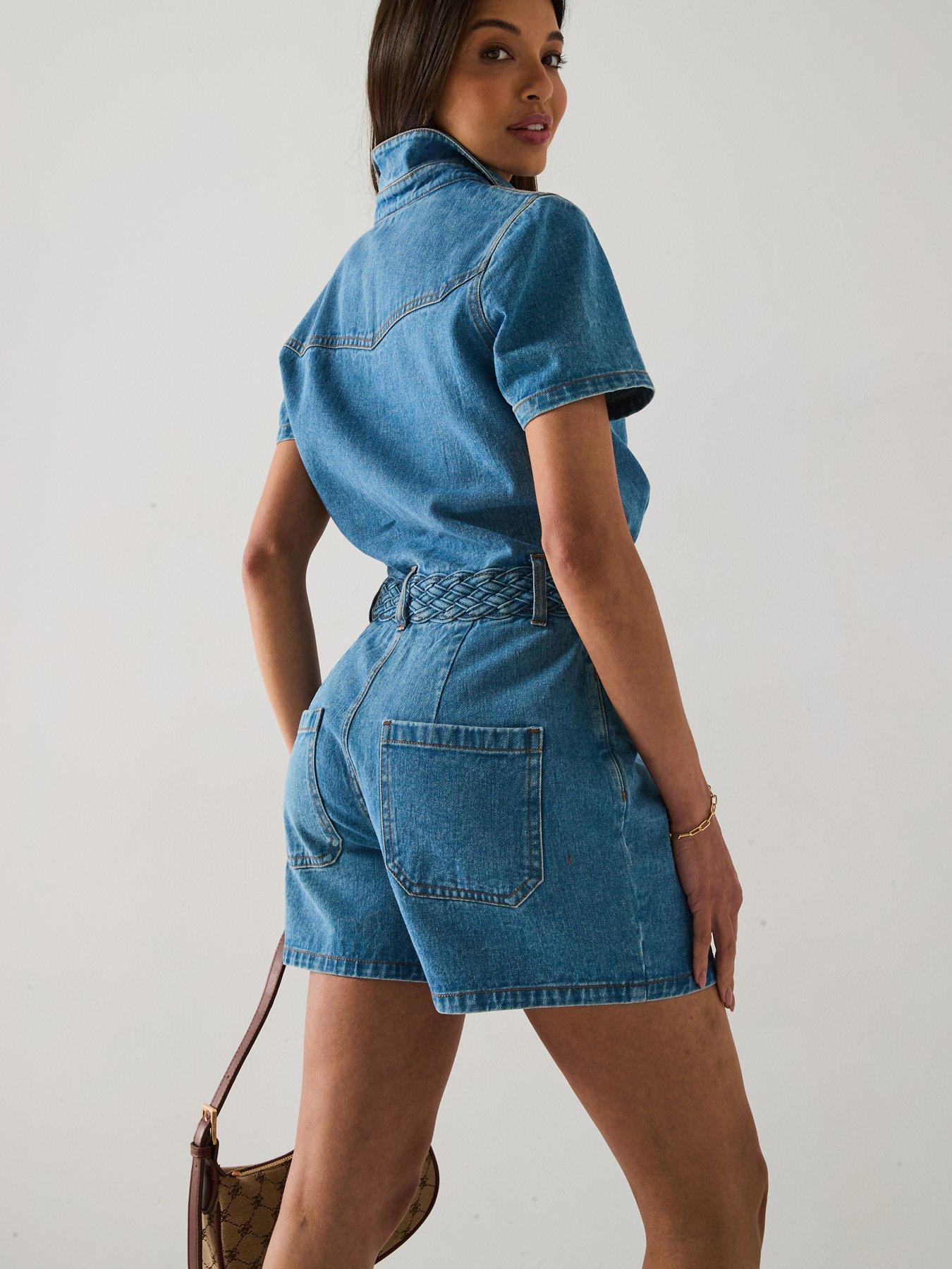 Image 4 of 6 of V by Very Plaited Waist Denim Playsuit - Mid Wash