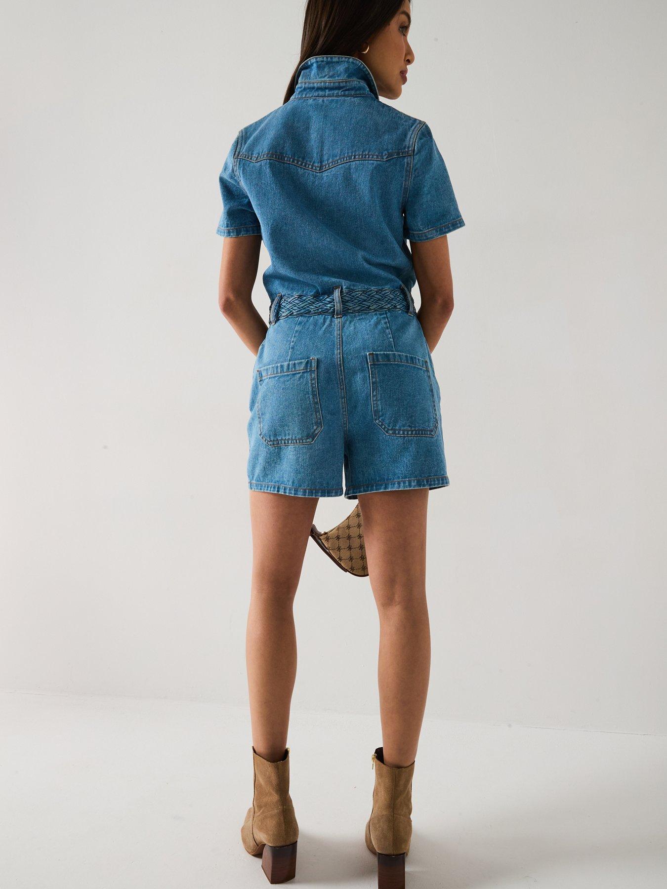 Image 6 of 6 of V by Very Plaited Waist Denim Playsuit - Mid Wash