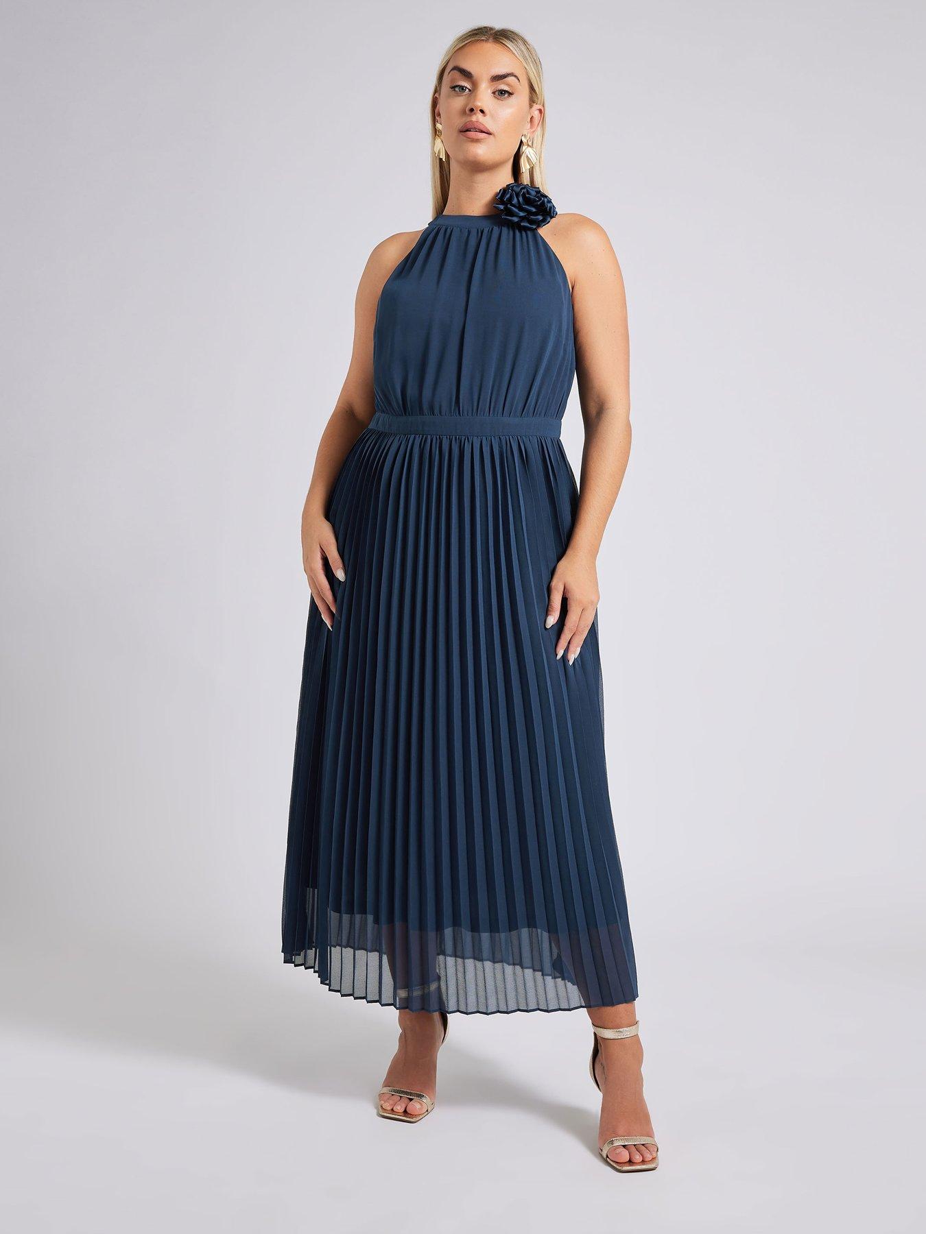 undefined Pleated Choker Corsage Dress - Navy