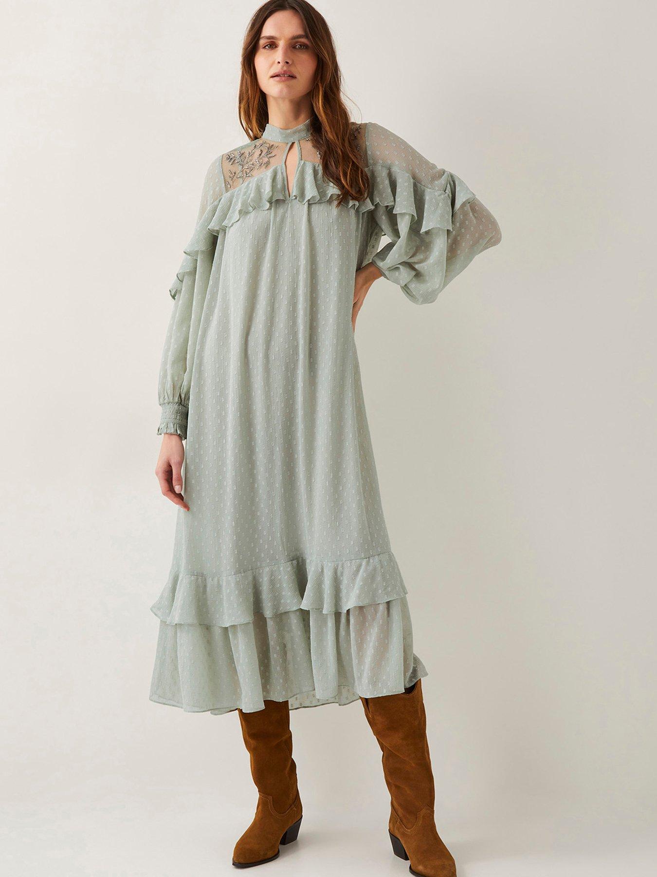 undefined Embellished Detailing Ruffle Spot Midi Dress - Green